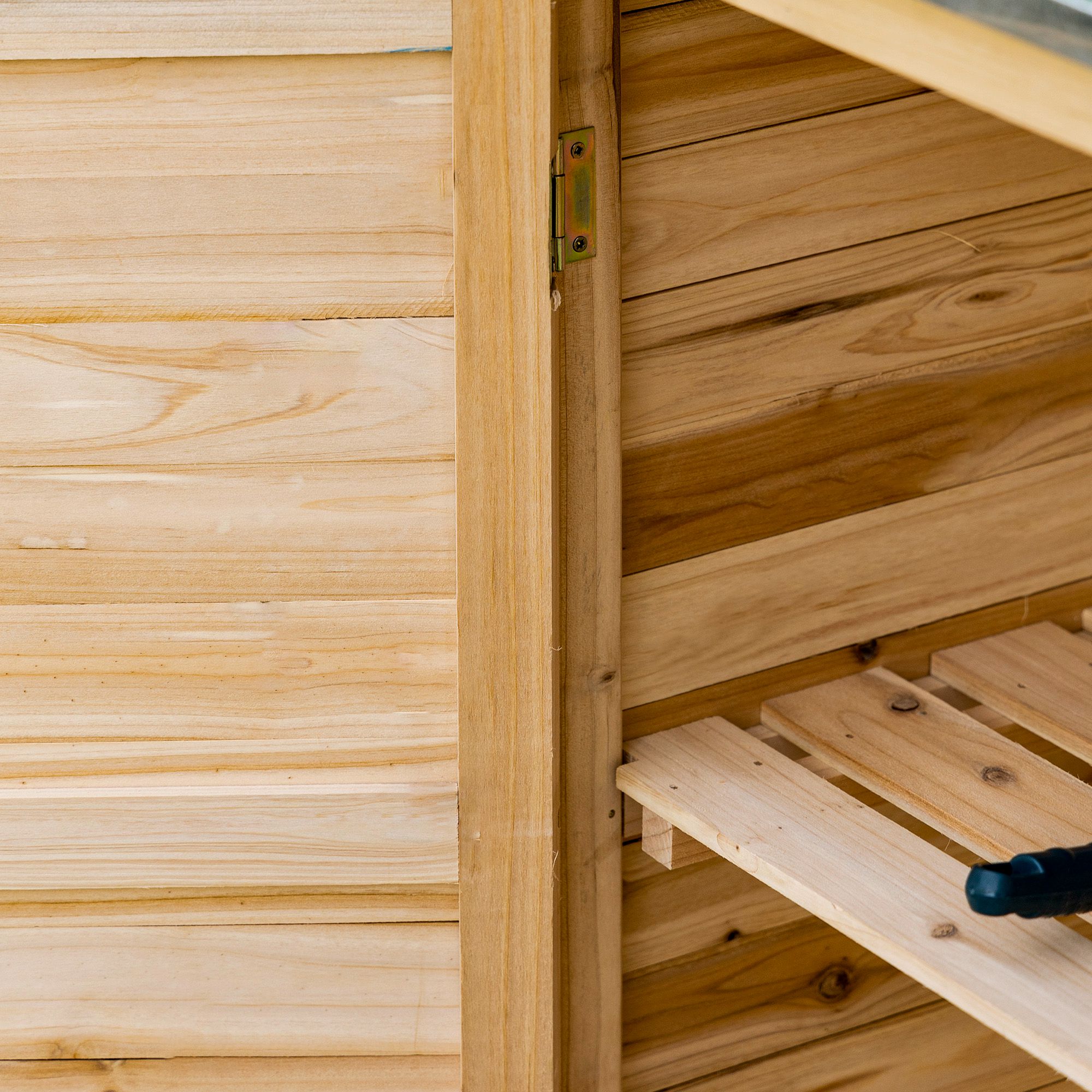 Gartenschrank mit 2 Fächern, Metall-Arbeitsplatte mit Aufkantung, Naturholz, 83 x 40 x 92 cm