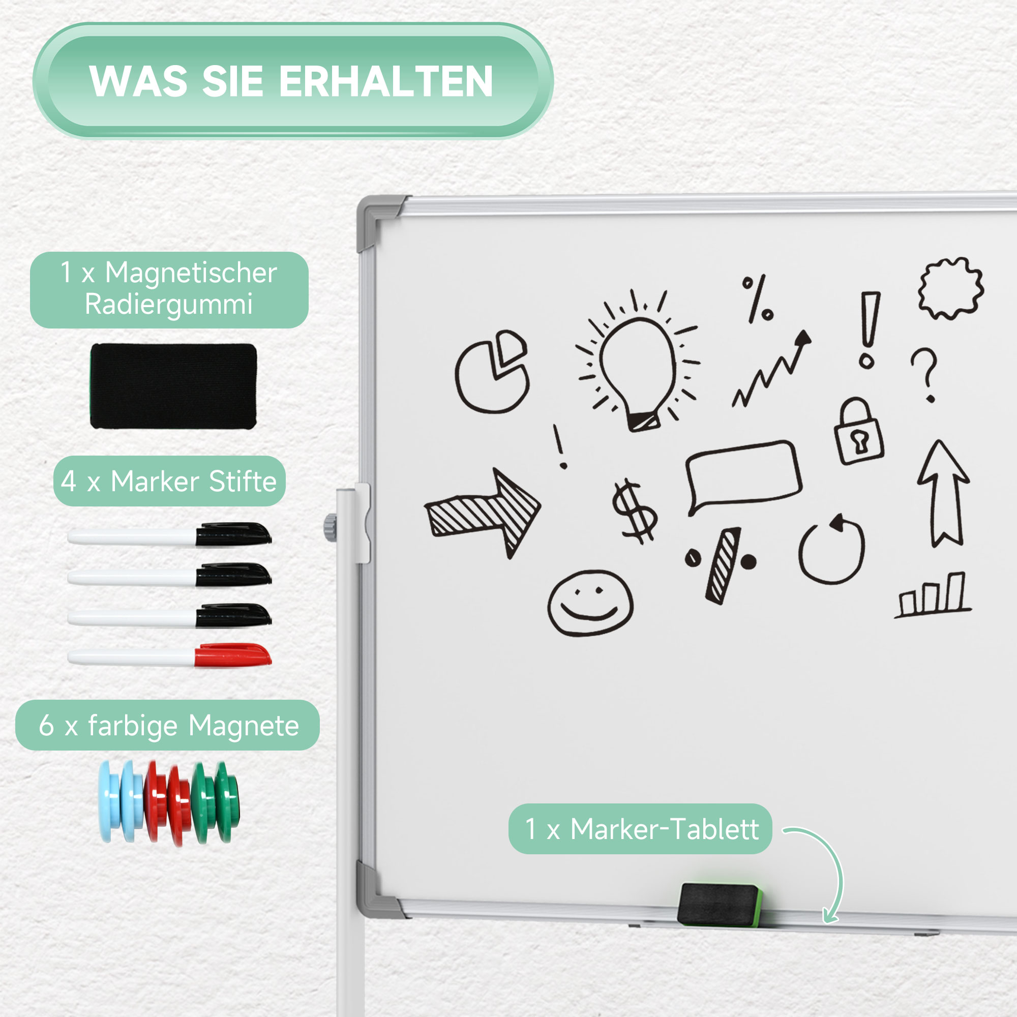 Whiteboard,120 x 90 cm, magnetisch, drehbar, mobil, inkl. Marker & Schwamm, Metallgestell, Weiß