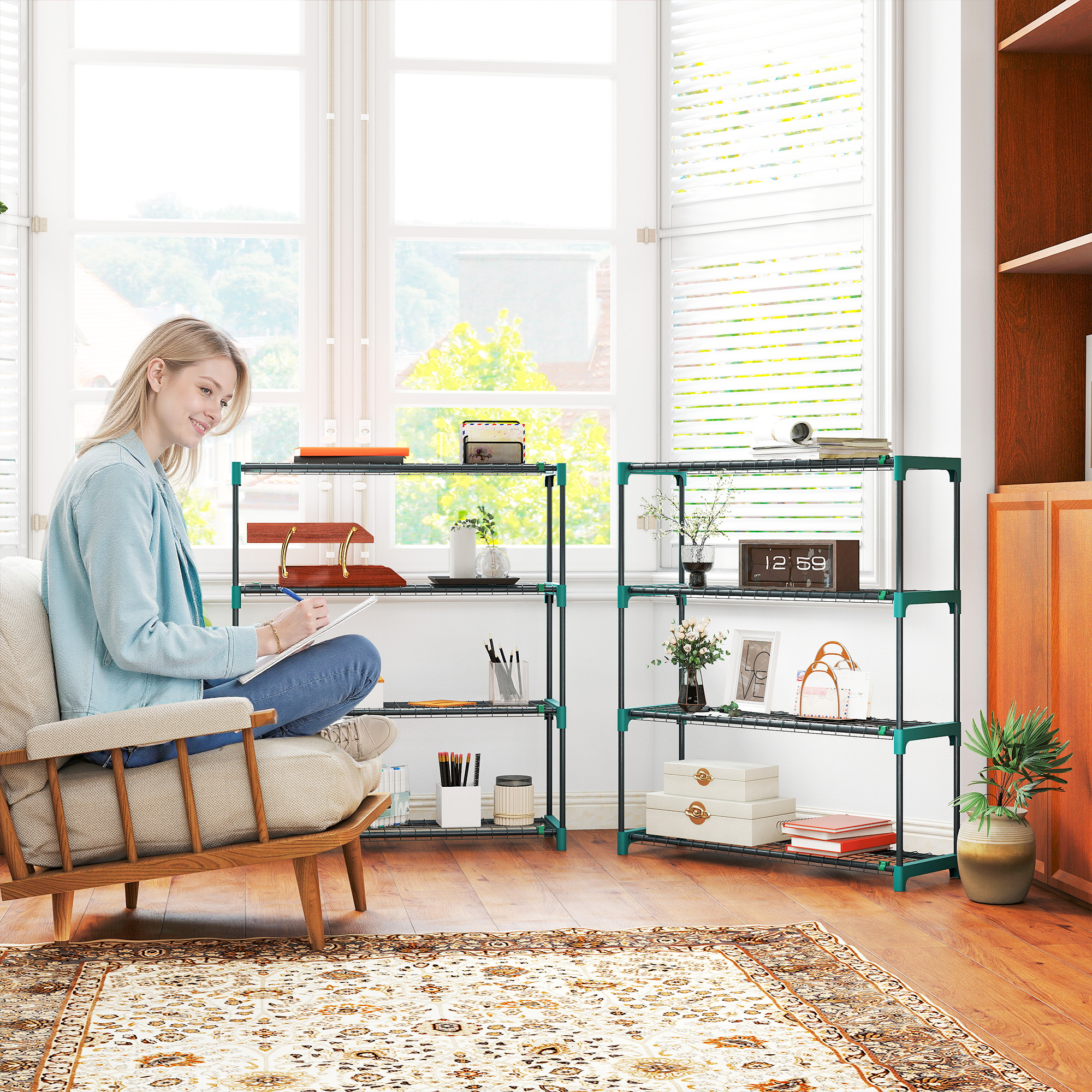 2er-Set Pflanzenständer, 4-Etagen 104 cm hoch Blumenständer für Innen Außen Stahl Dunkelgrün