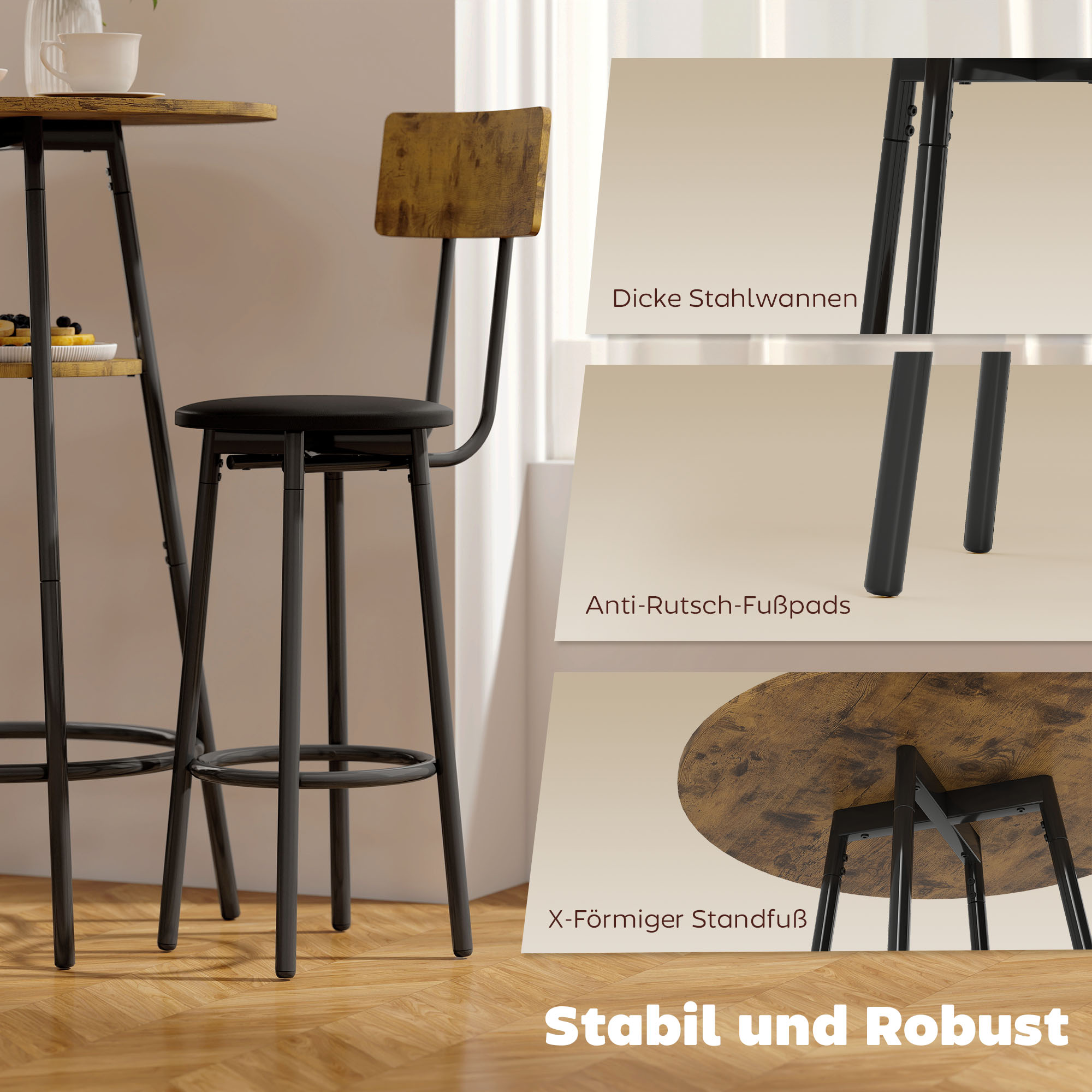 3-teiliges Bartisch-Set mit 2 gepolsterten Hockern, Kunstleder-Bezug, Rückenlehne, Metallgestell, Braun