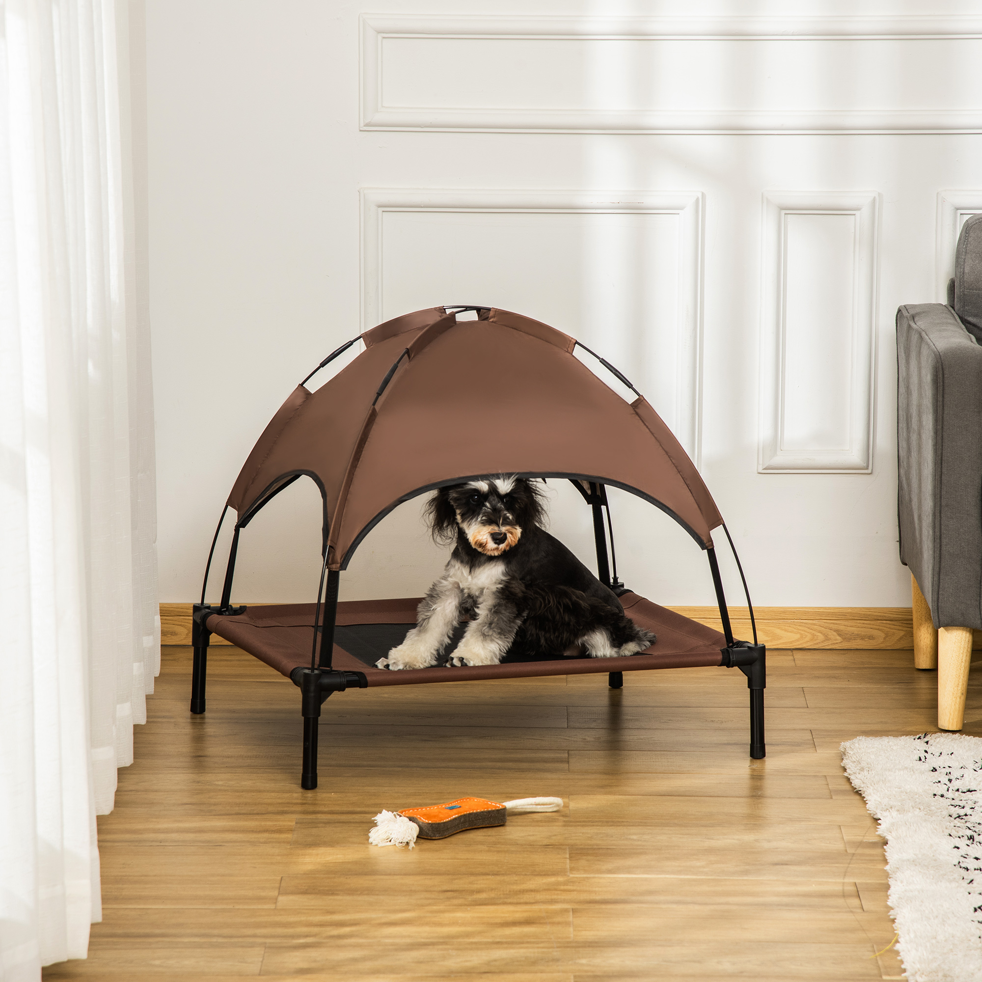 erhöhtes Hundebett mit Baldachin, Haustierbett, Hundeliege outdoor mit Dach, Atmungsaktiv, Taftstoff für Camping Kaffee 76 x 61 x 73 cm