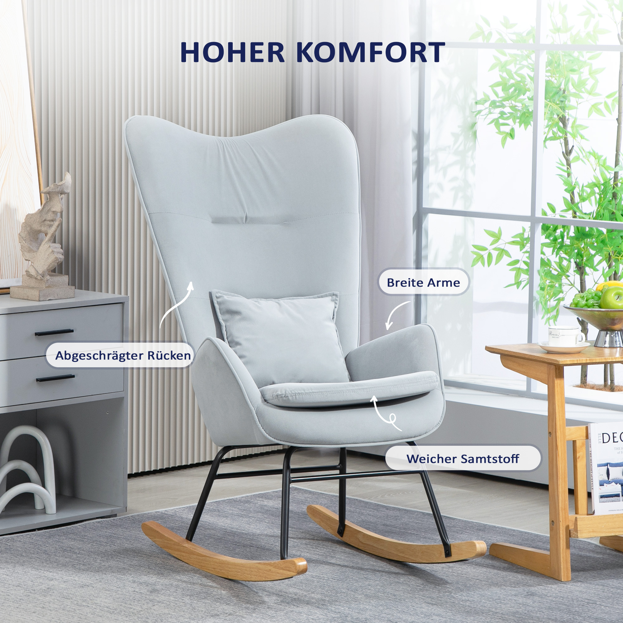 Schaukelstuhl, weicher Bezug in Samtoptik, mit Lendenkissen, bis 120 kg belastbar, 67 x 85 x 112 cm, Hellgrau