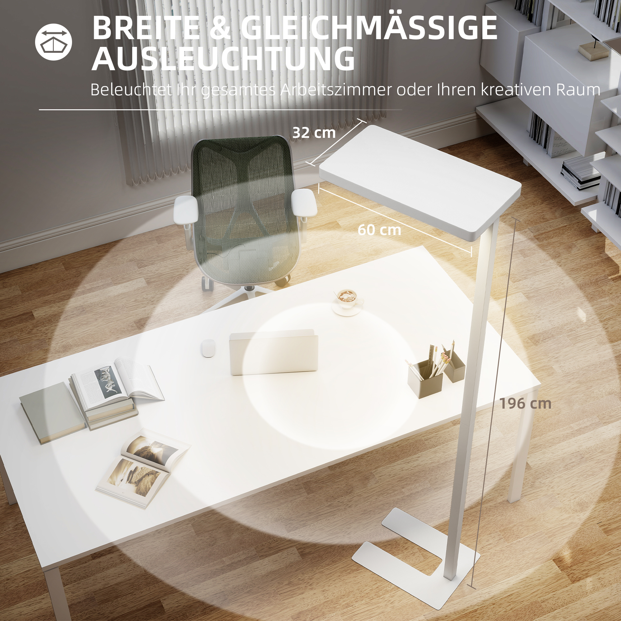 LED-Stehlampe, augenschonendes Licht, Bodenlampe mit Fernbedienung, anpassbare Helligkeit, Kunststoff, Metall, Weiß