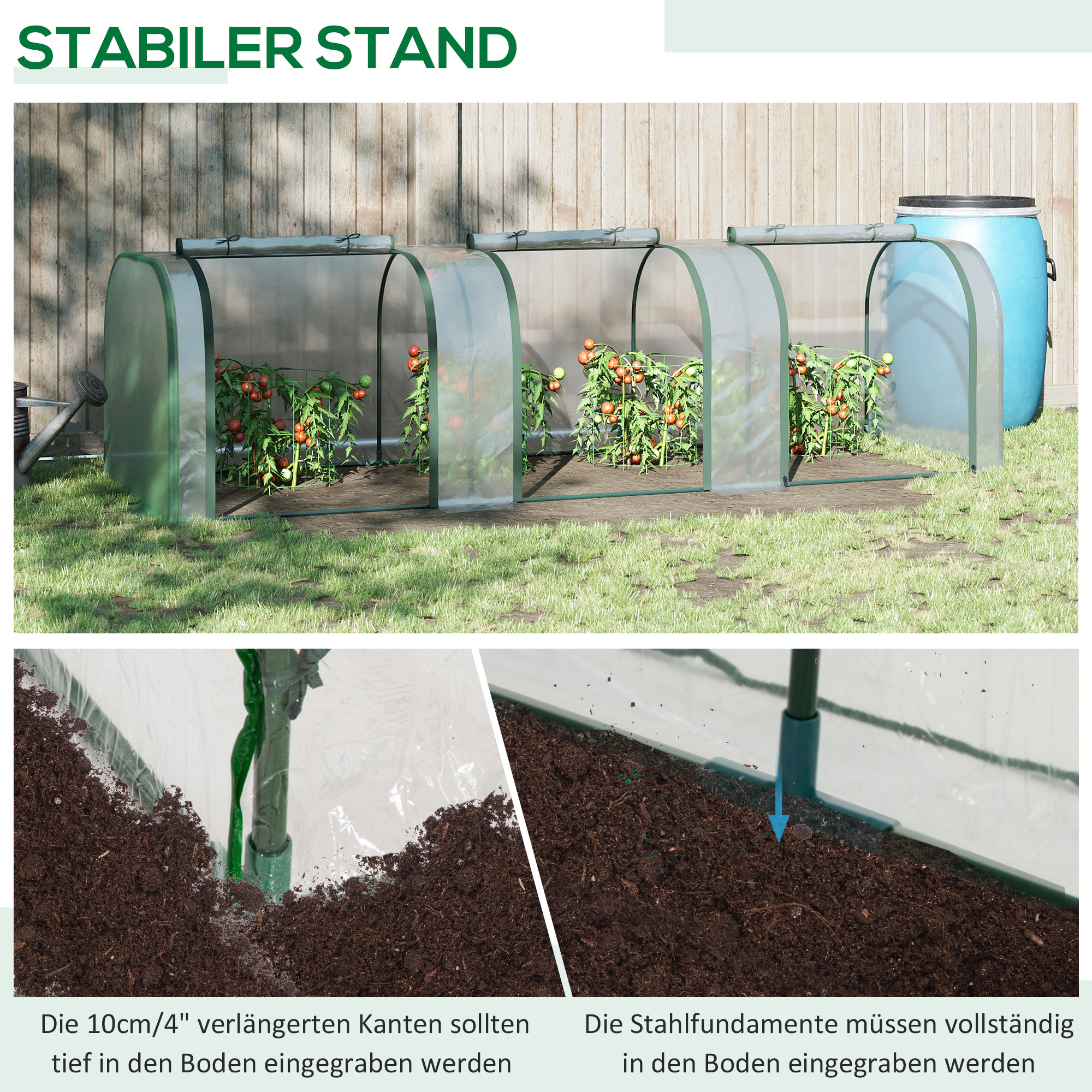 Foliengewächshaus, drei aufrollbare Türen, Stahlrahmen, transparent, 295 x 100 x 80 cm