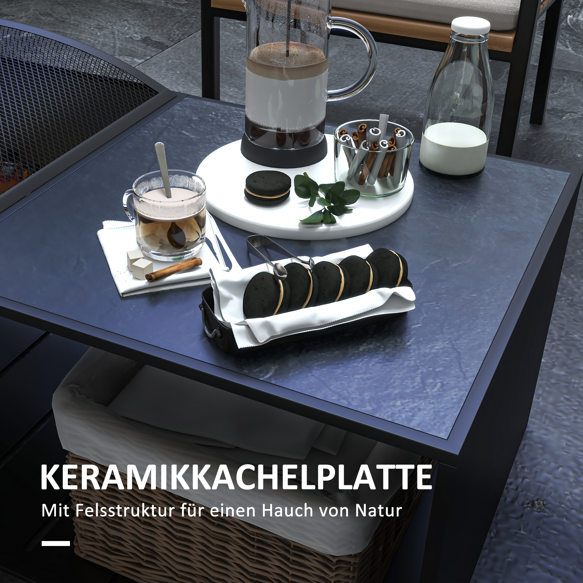 2 in1 Feuerschale, Tischplatte mit Keramikfliesen, Schürhaken, rostfrei, 101 x 51 x 56 cm, Schwarz