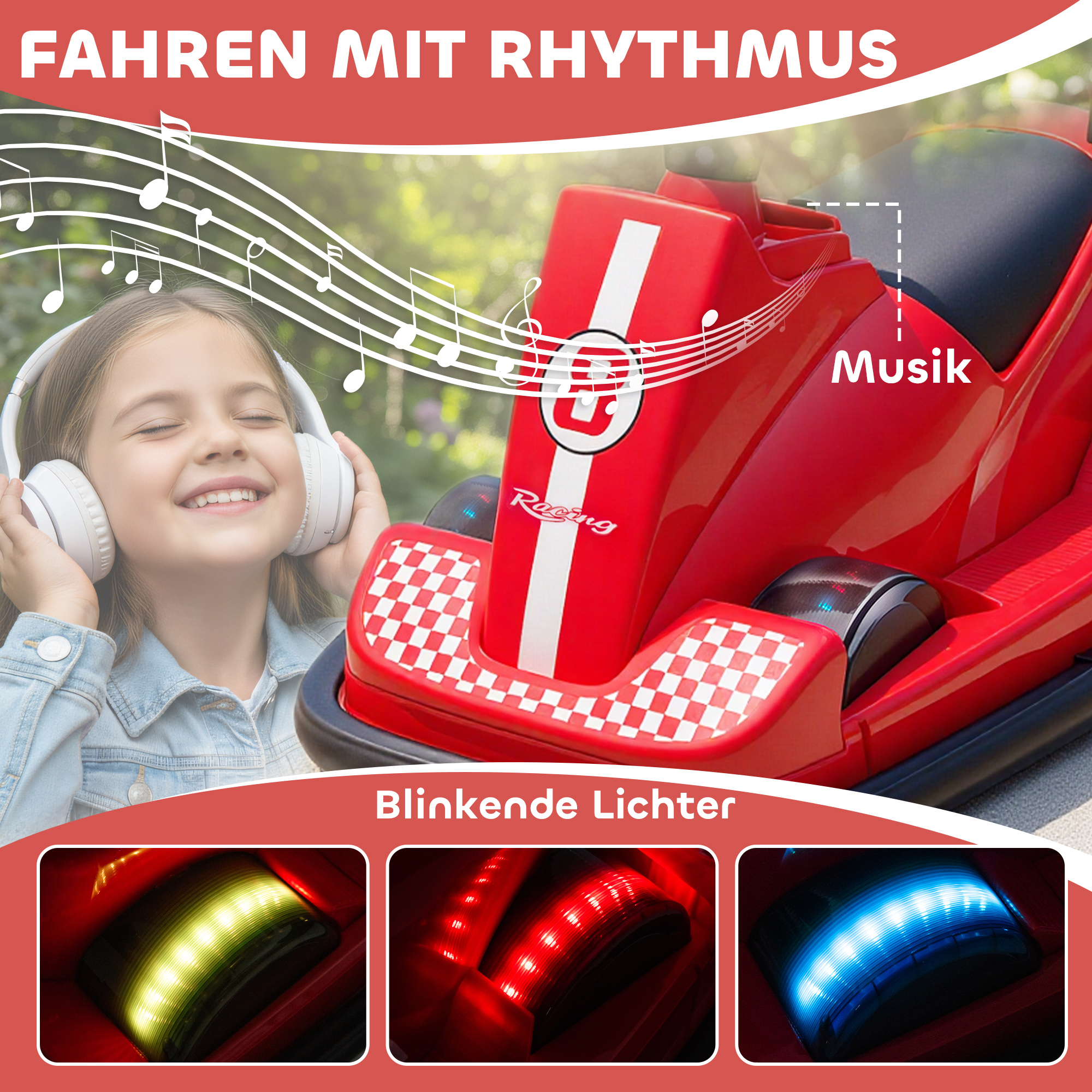 Autoscooter für Kinder, um 360 Grad drehbar, Lenkrad, LED-Lichter, Musikfunktion, 3-8 Jahre, Rot