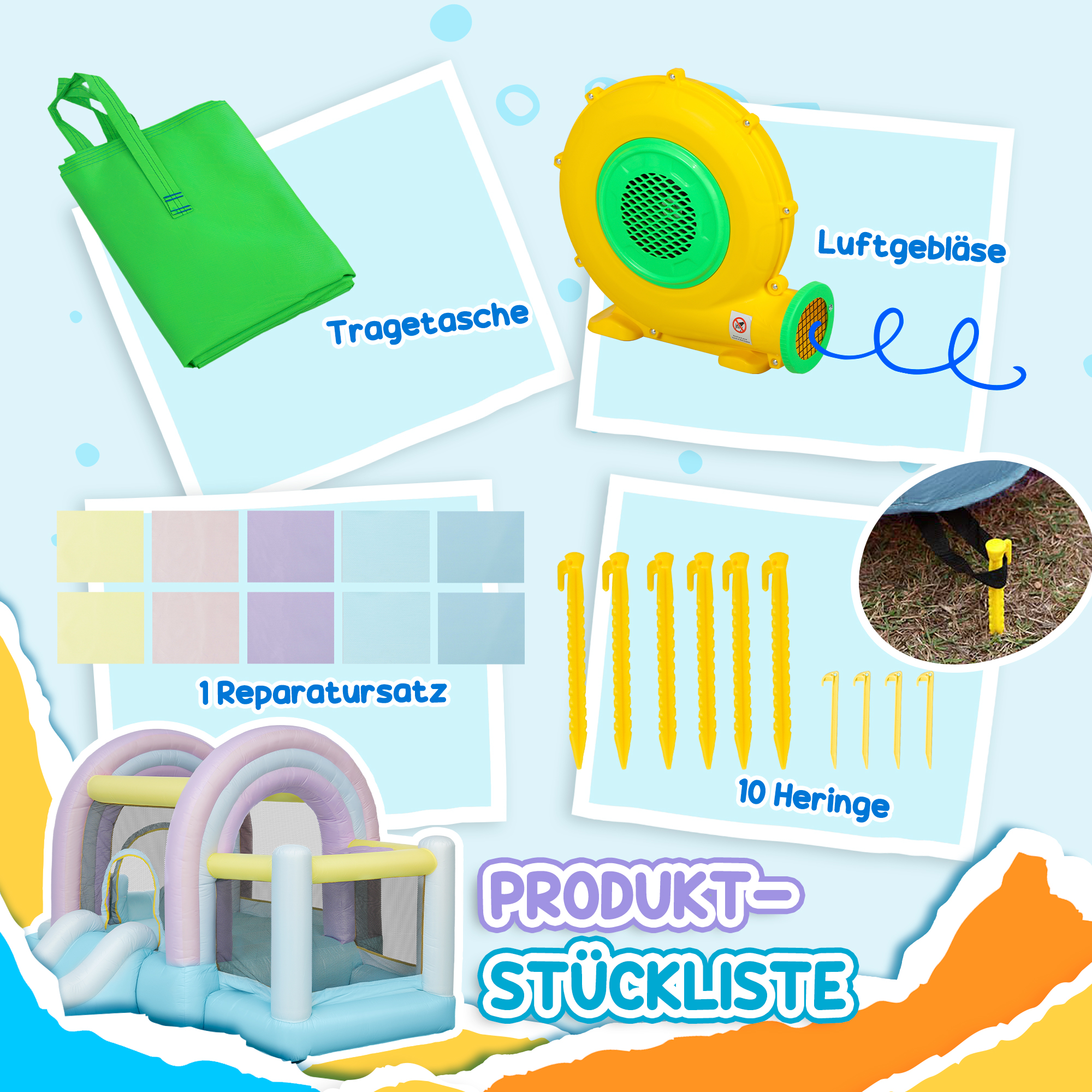 Hüpfburg, Bällebad, 2 Rutschen, Oxford-Gewebe, UV-beständig, Gebläse, Bunt