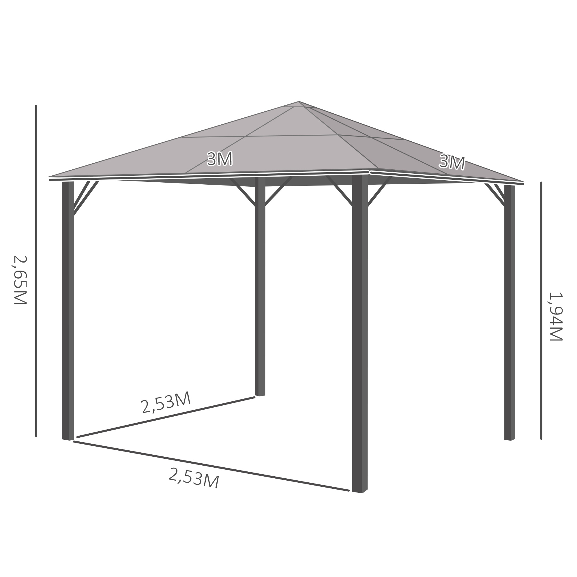 Pavillon mit Polycarbonatdach, Vorhänge mit Fliegennetz, Alugestell, dunkelgrau, 3 x 3 m