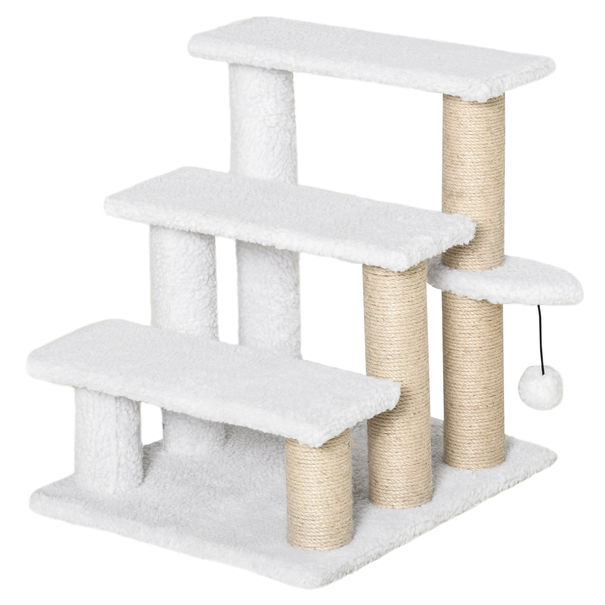 Katzentreppe 3-stufige Haustiertreppe mit Kratzsäulen Ball Hundetreppe Tiertreppe für Katzen bis 5 kg Plüsch Jute Weiß 45 x 40 x 48 cm