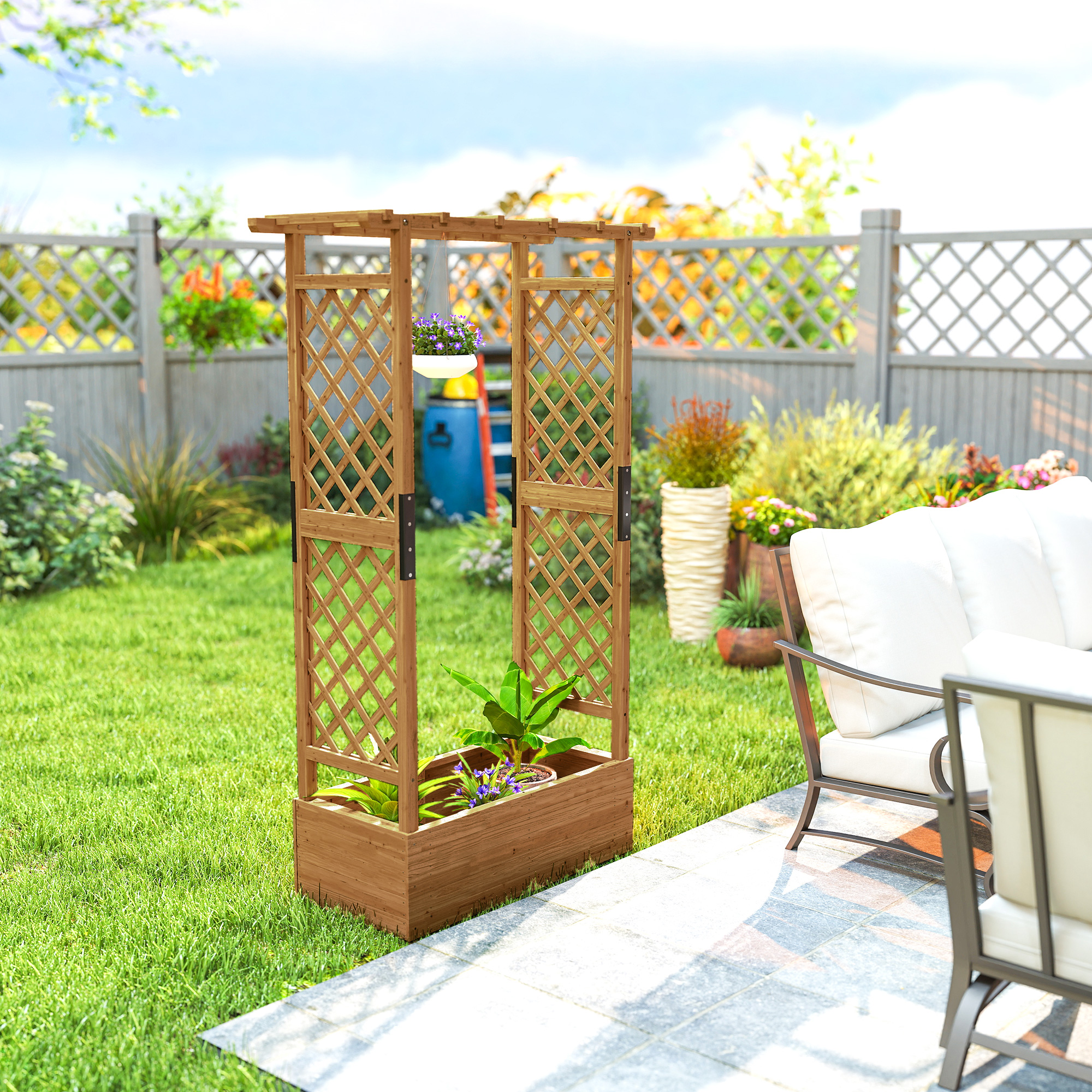 Hochbeet mit Rankengitter und Dach, für Blumen, Obst, Gemüse, Kräuter, 110 x 44 x 181 cm, Holz, Orange
