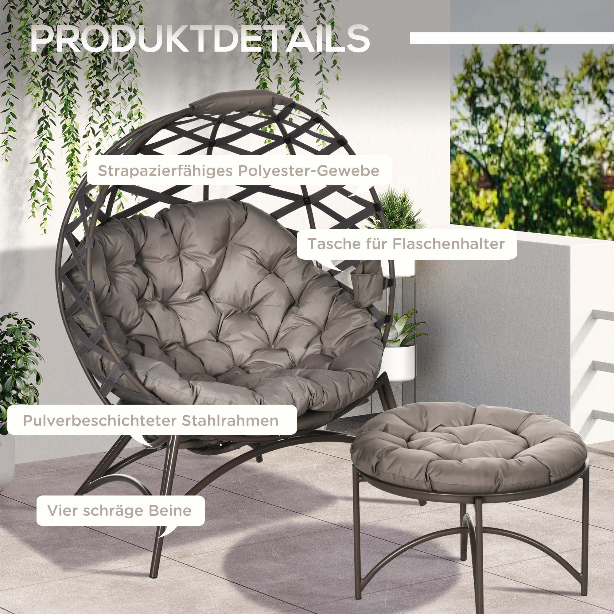 Gartenstuhl-Set, 2-tlg,, Hocker/Beistelltisch, gr, Sitzkissen, Stahlrahmen, Farbe: Sand, 118 x 75 x 142 cm