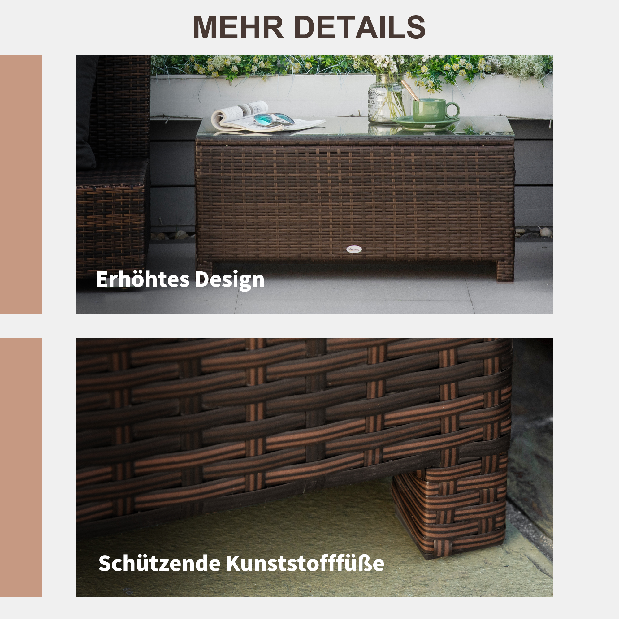 Garten Beistelltisch Couchtisch Gartentisch Balkontisch Polyrattan Braun 85 x 50 x 39 cm