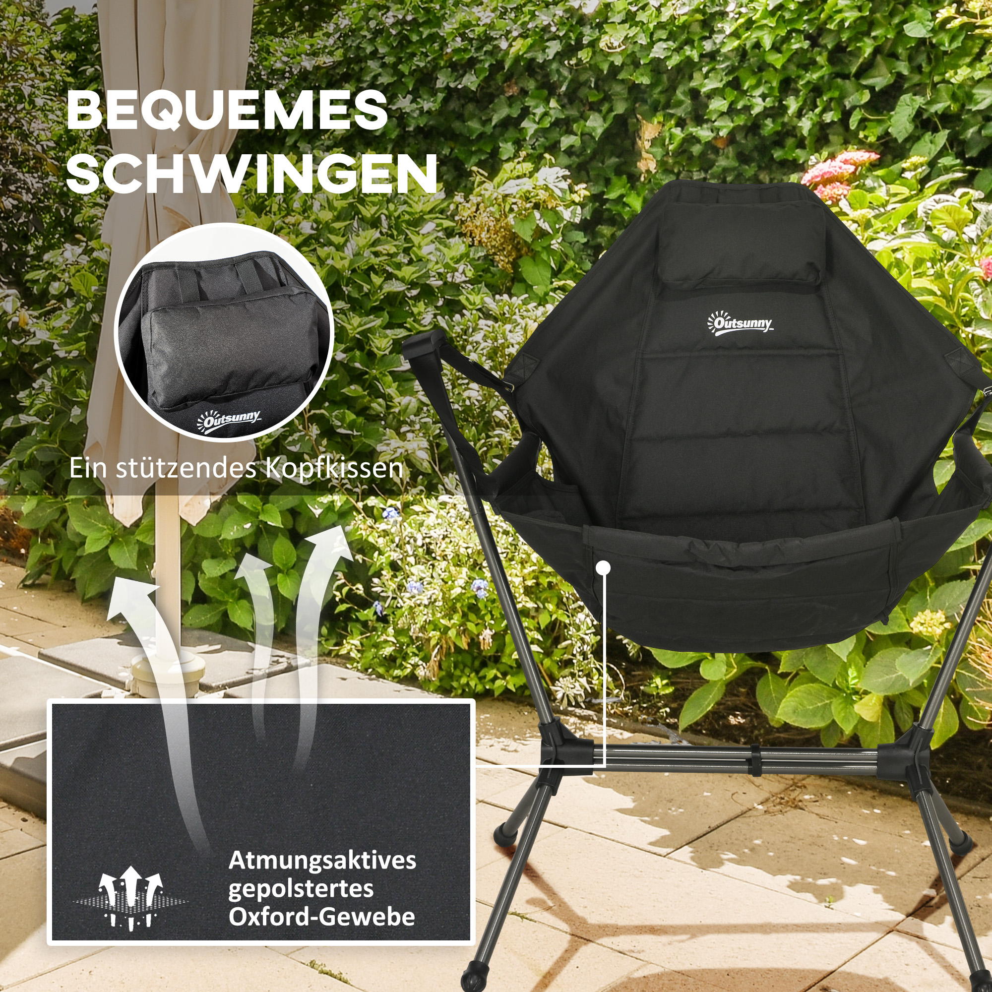 Camping-Schaukelstuhl, faltbar, verstellbare Rückenlehne, Aluminiumrahmen, 54 x 100 x 101cm, Schwarz