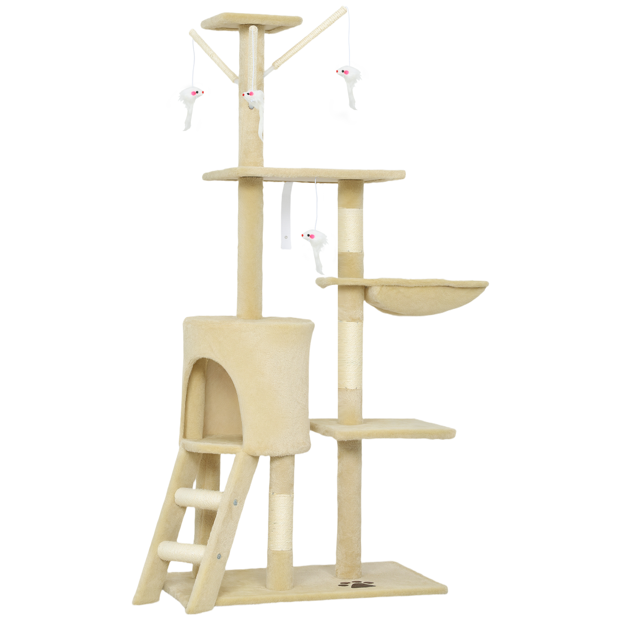 Kratzbaum Katzenbaum mit Höhle, 4 Spielzeuge, Sisalstämme, große Plattform, Treppe, für Katzen unter 5 kg, Beige