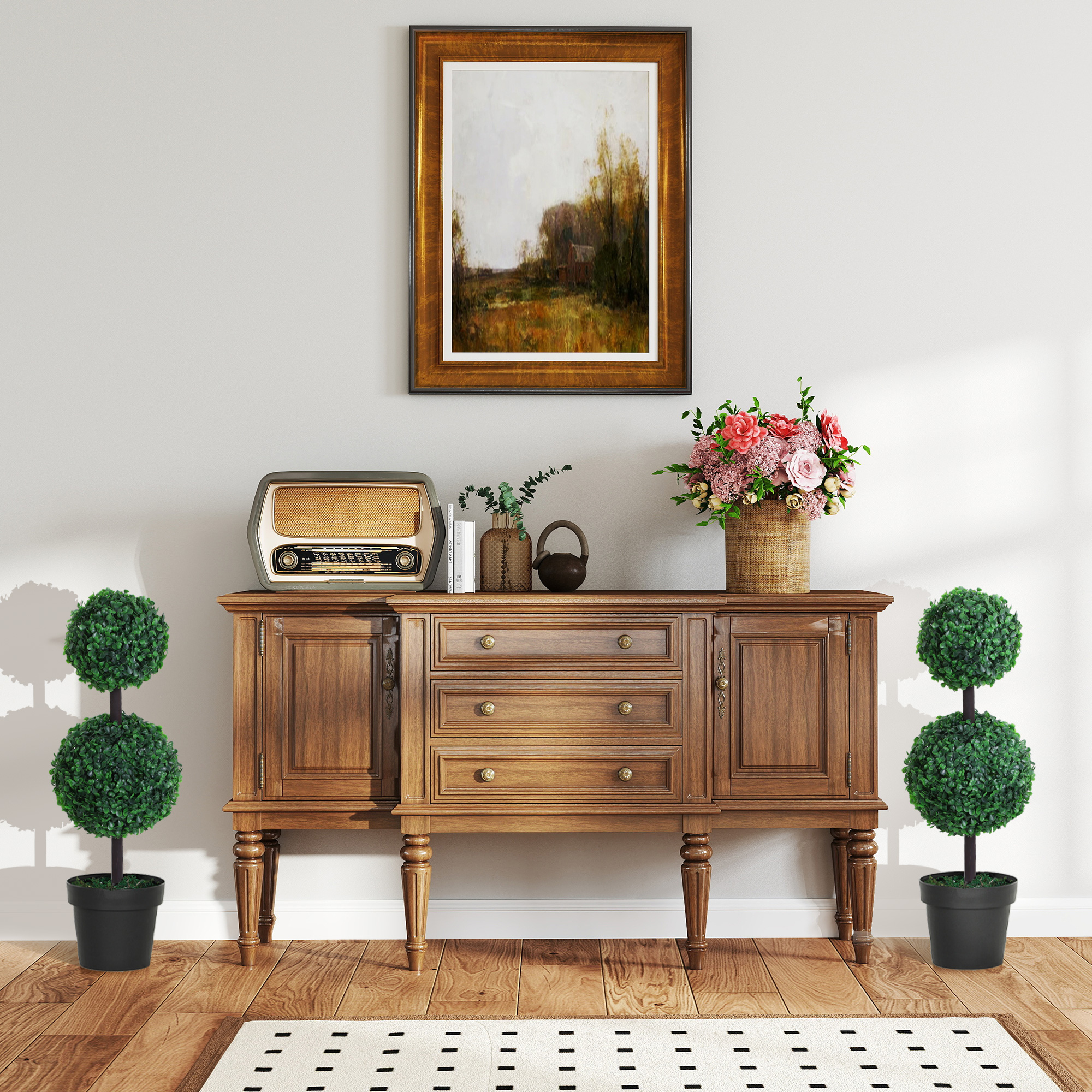 2er-Set Kunstpflanze, Künstliche Pflanzen im Kugeldesign, Kunstbaum im Zementtopf, Kunststoff-Pflanze, Grün+Schwarz