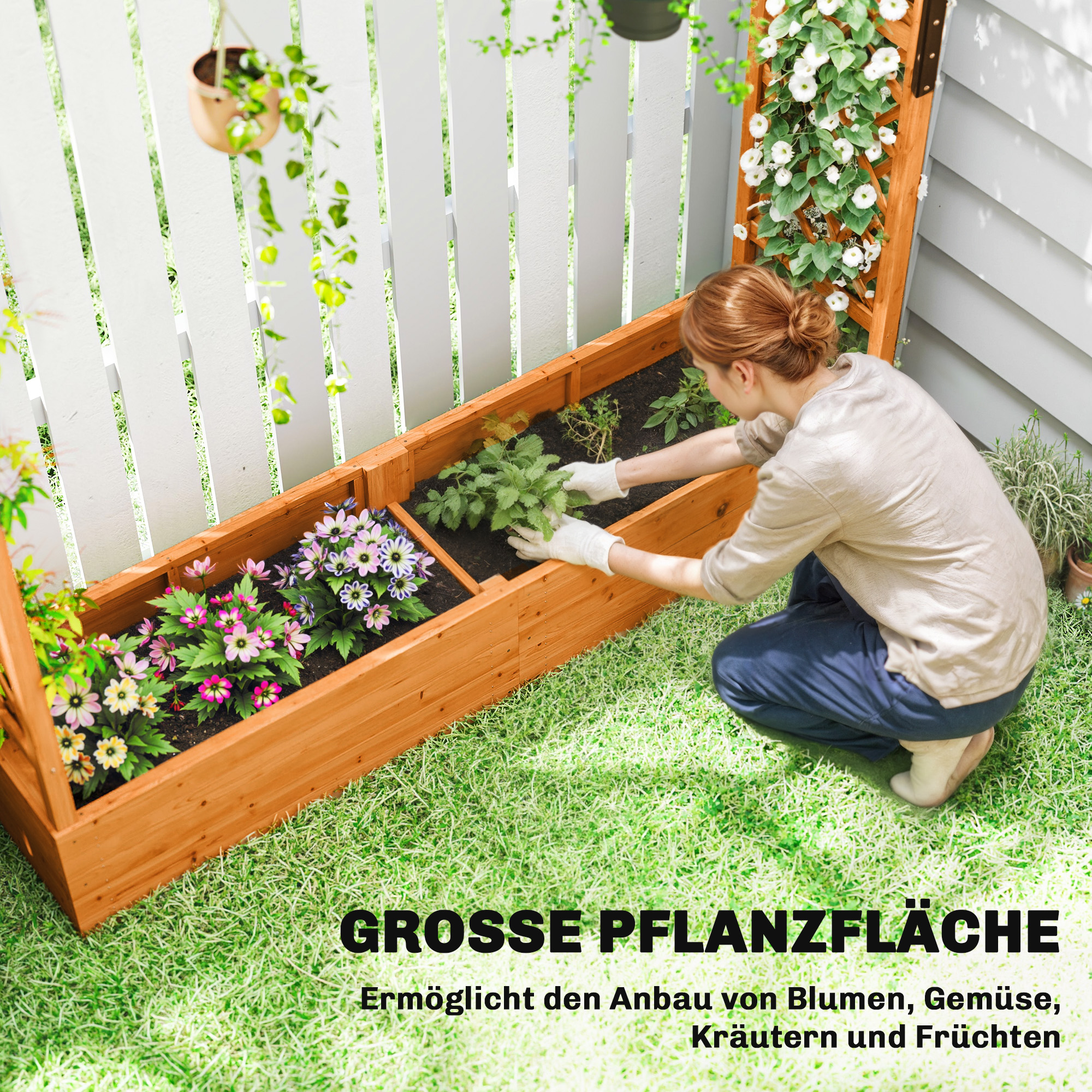 Hochbeet mit Rankengitter und Dach, für Blumen, Obst, Gemüse, Kräuter, 196 x 44 x 181 cm, Holz, Orange