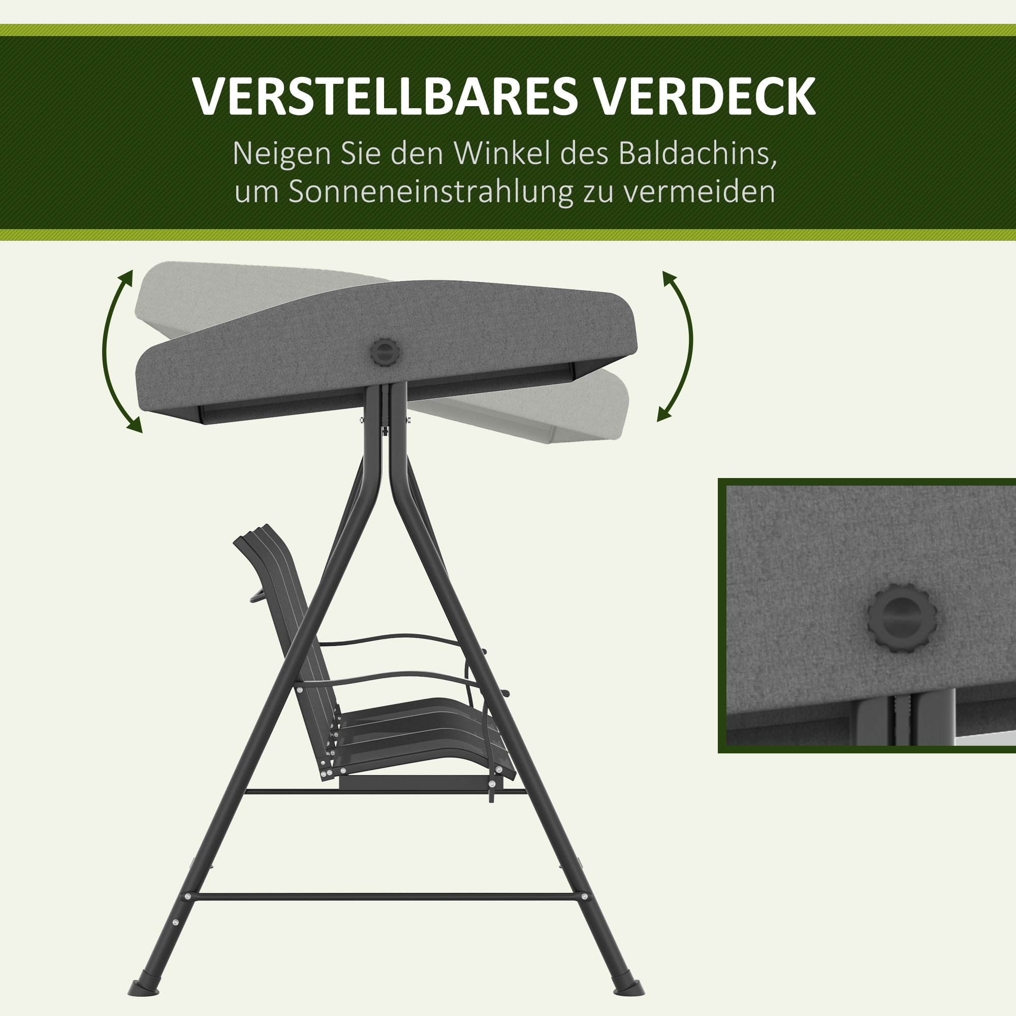 Hollywoodschaukel, für 3 Personen, verstellbares Sonnendach, bis 240 kg, dunkelgrau, 200 x 133 x 176 cm