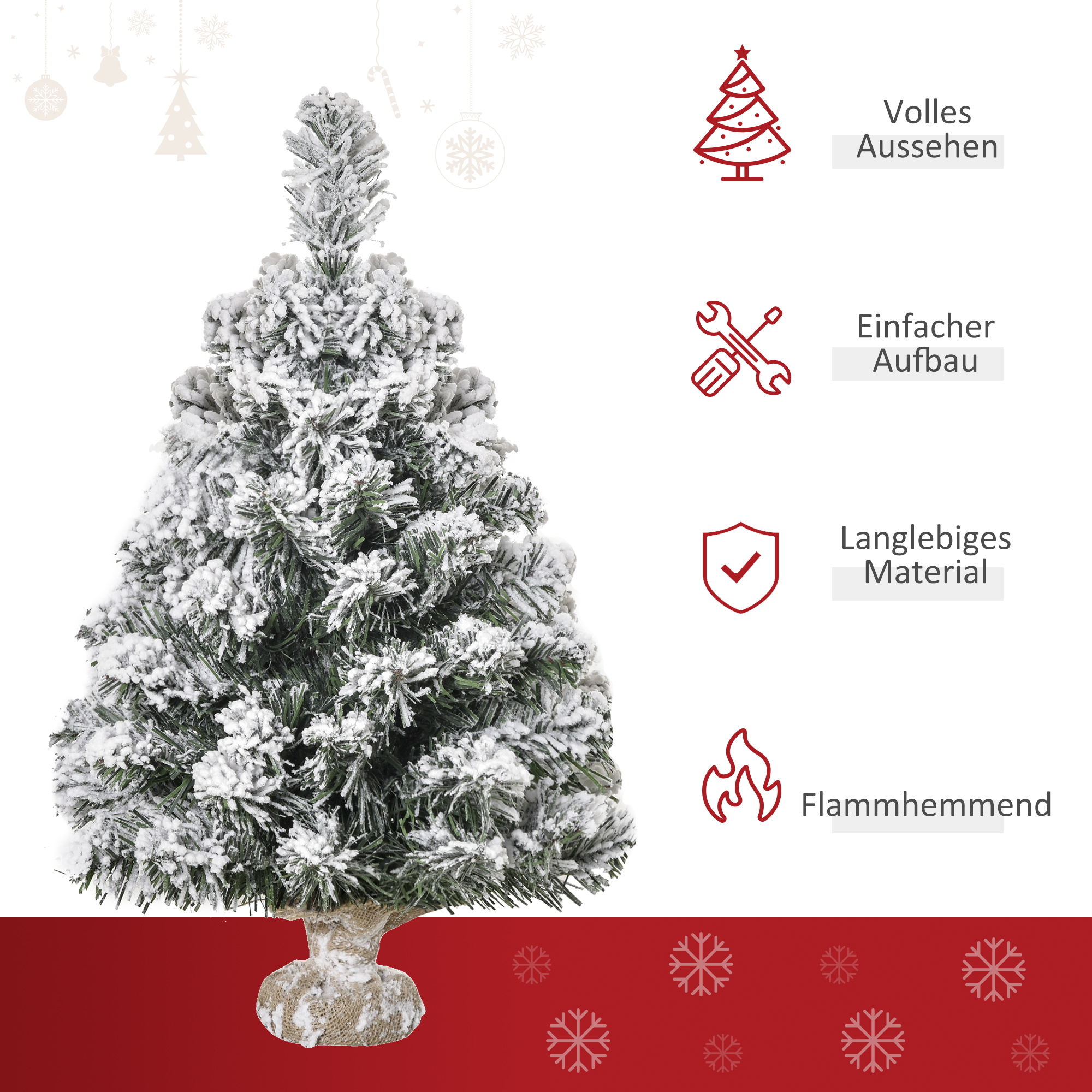 Mini Künstlicher Weihnachtsbaum 60 cm Tannenbaum künstlich mit Schnee, 67 Spitzen Zementbasis für drinnen Büro