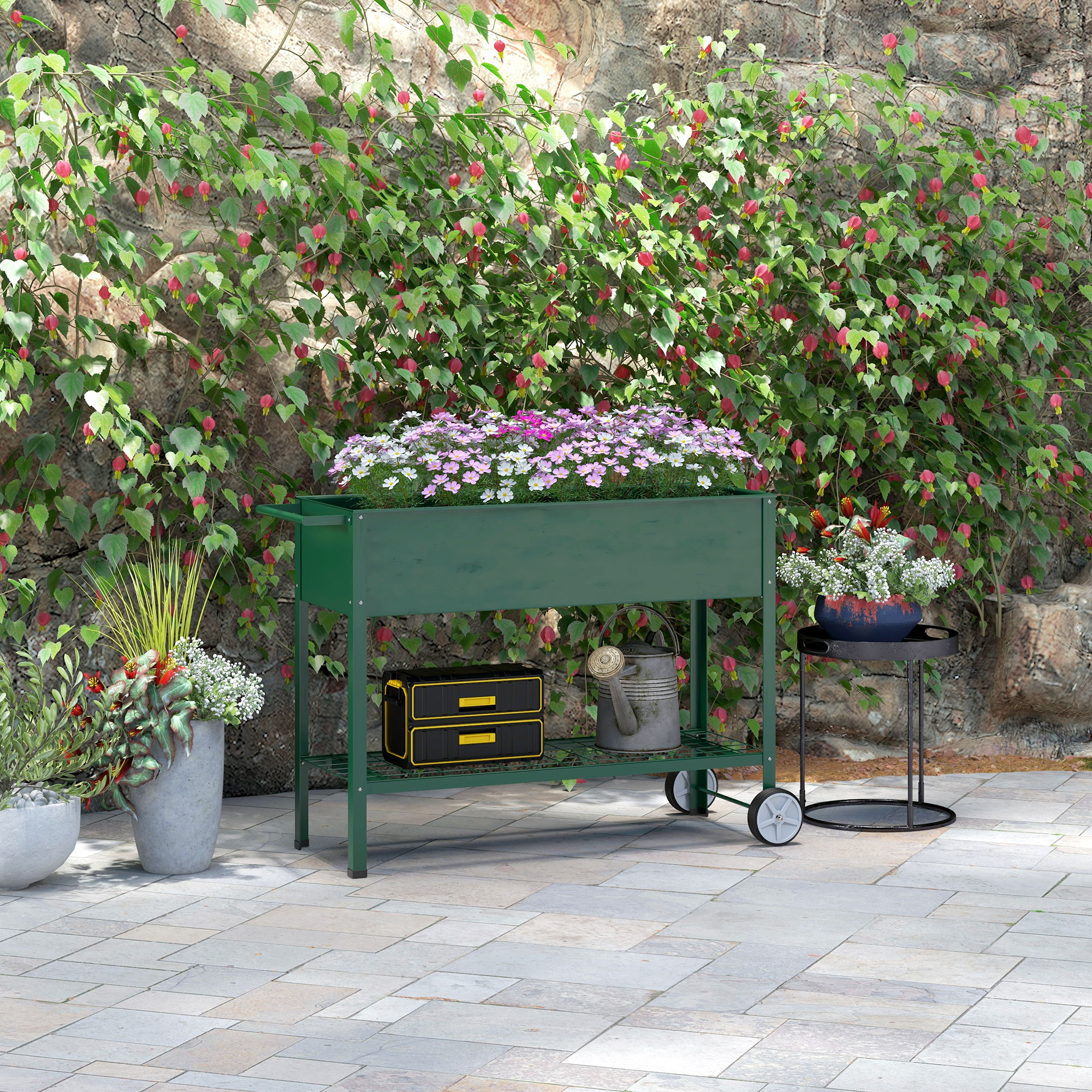 Hochbeet Pflanzbeet Pflanzkasten, 1 Ablage, 2 Rollen, 109 cm x 44 cm x 80 cm, Grün