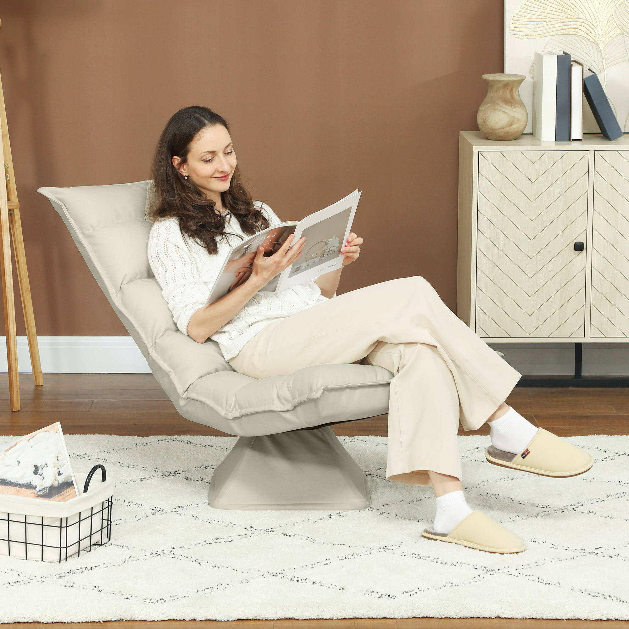 Relaxsessel, Sitzsack, verstellbare Rückenlehne, Lederoptik, 62x70x95cm, Beige