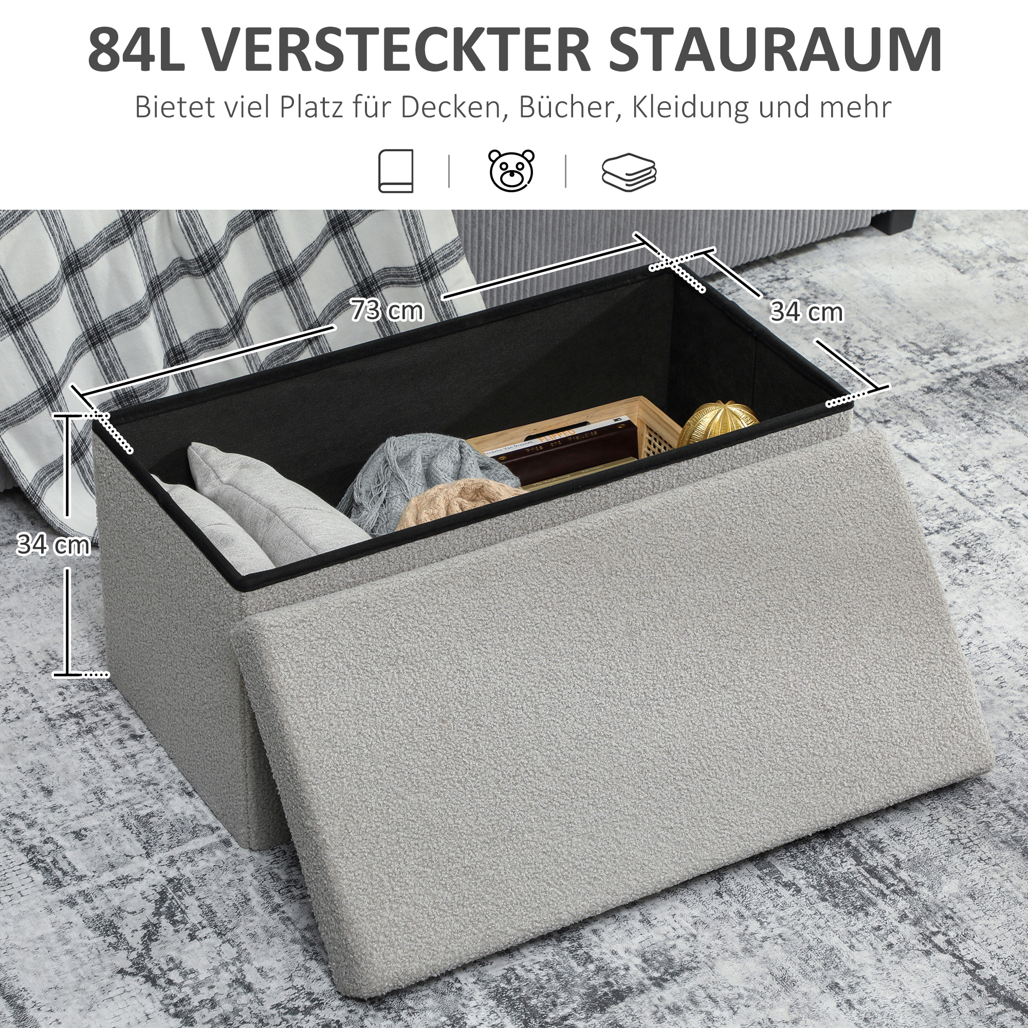 Aufbewahrungshocker, Polsterbank mit Stauraum und Deckel für Wohnzimmer, Schlafzimmer, Flur, Hellgrau