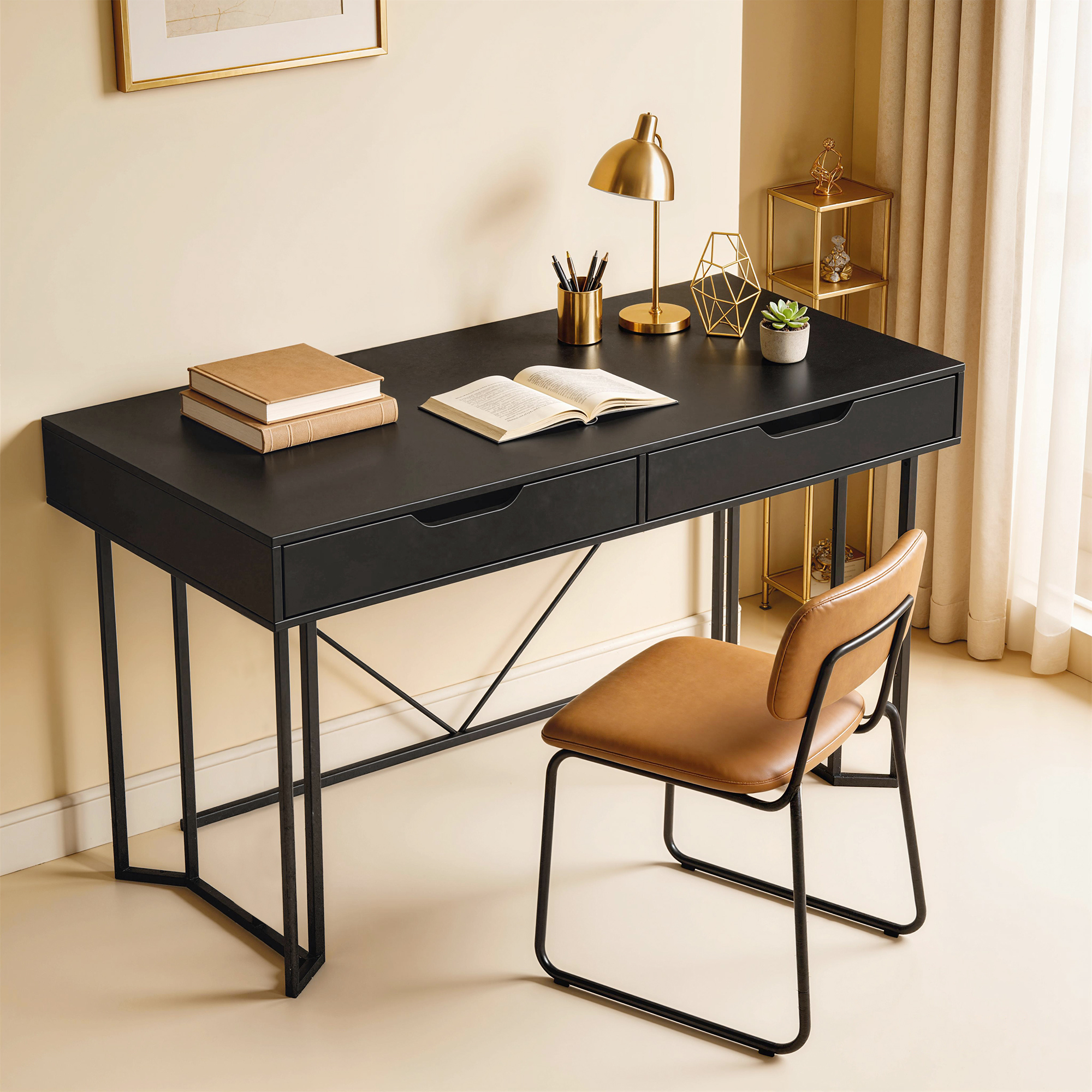 kleiner Computertisch mit 2 Schubladen, Schreibtisch mit großer Arbeitsfläche 120 x 60 x 77 cm Schwarz