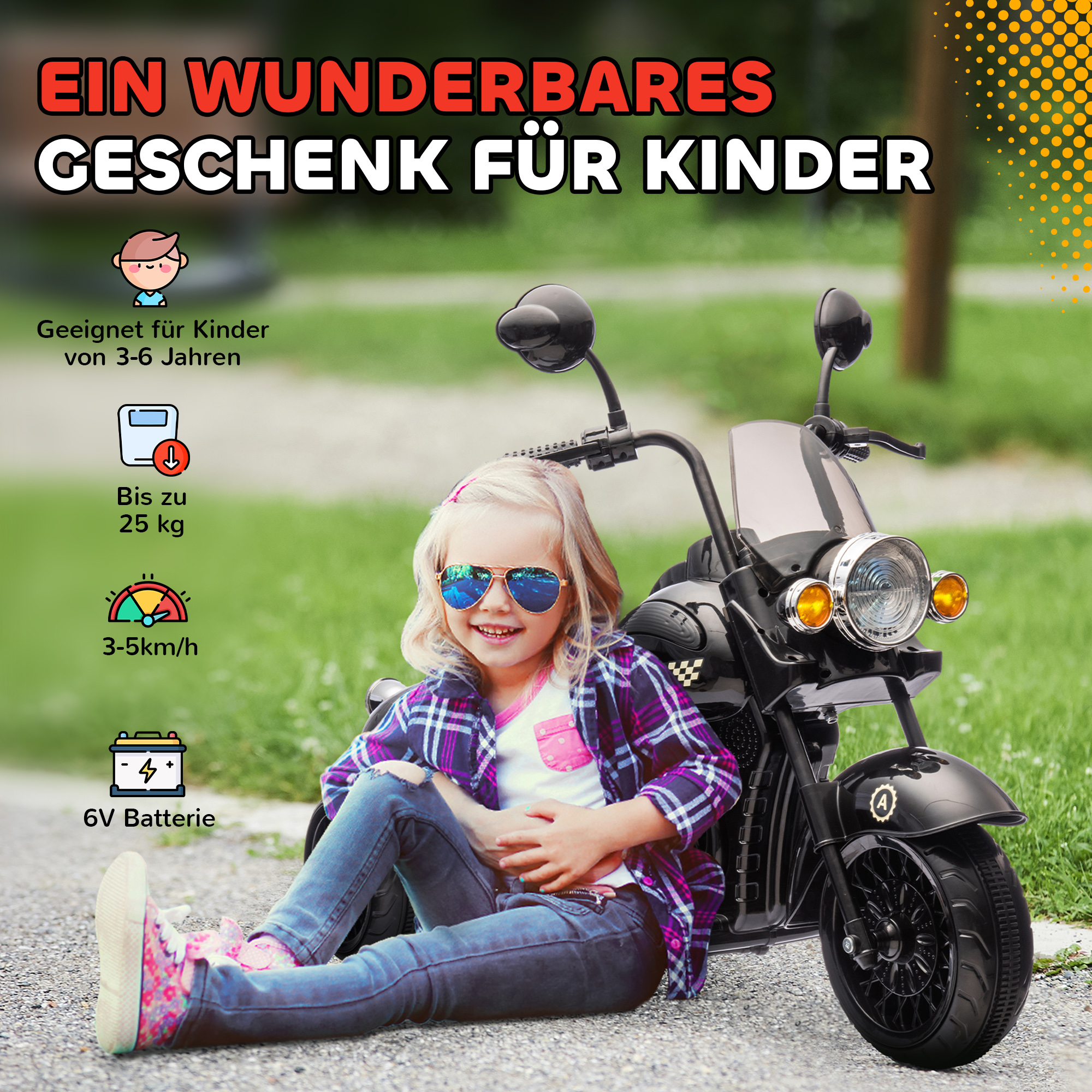 Elektro-Kindermotorrad, 3-5 km/h, Chopper, Licht & Musik, für Kinder 3-6 Jahre, Schwarz