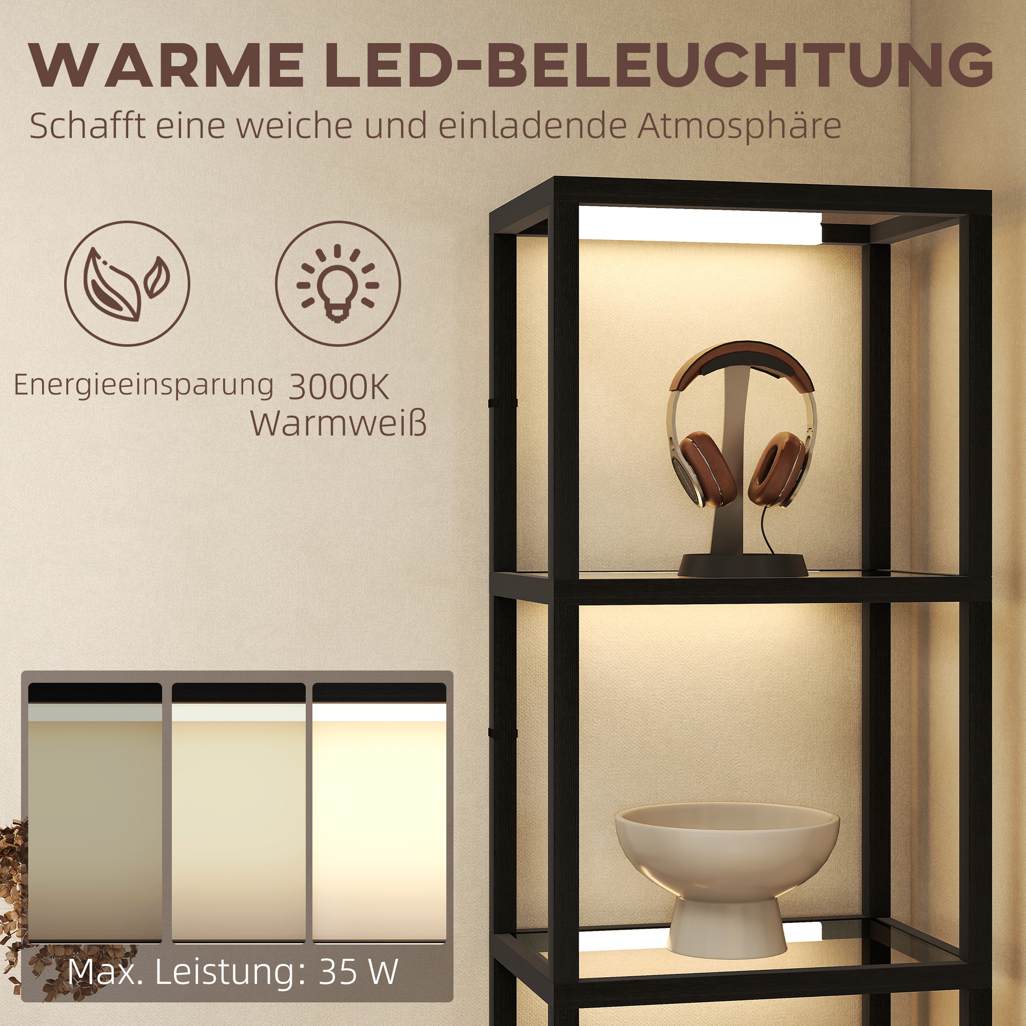 LED-Stehlampe mit 4-stufigem Regal, Leuchtregal mit 4 Glasfächern, Fußschalter, MDF, Schwarz