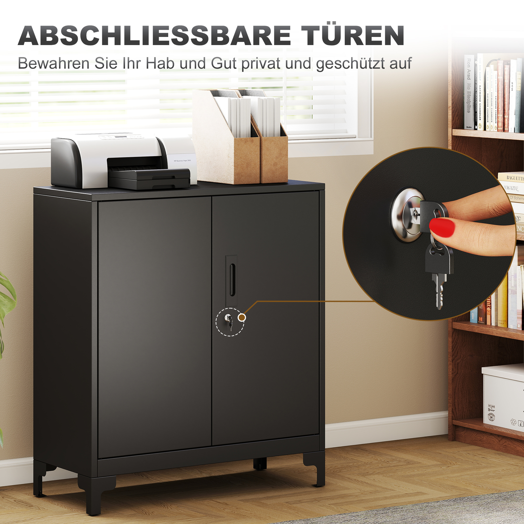 Büroschrank aus Metall, verschließbare Türen, Bürokommode, 2-stufiges Design, Schwarz