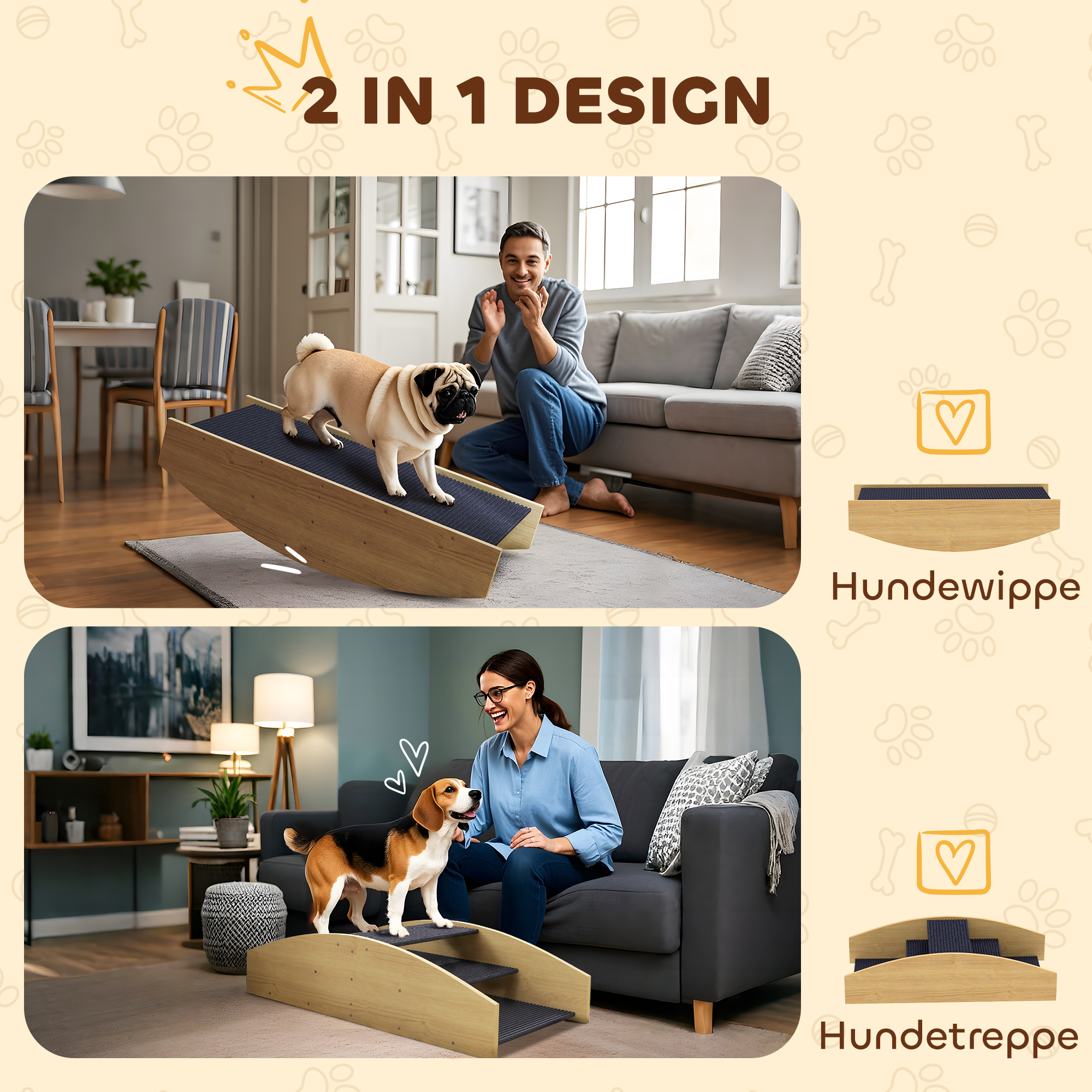 Agility Hundeschaukel, 2-in-1 Wippe und Treppe, rutschfest, Tanneholz, 80 x 39,5 cm