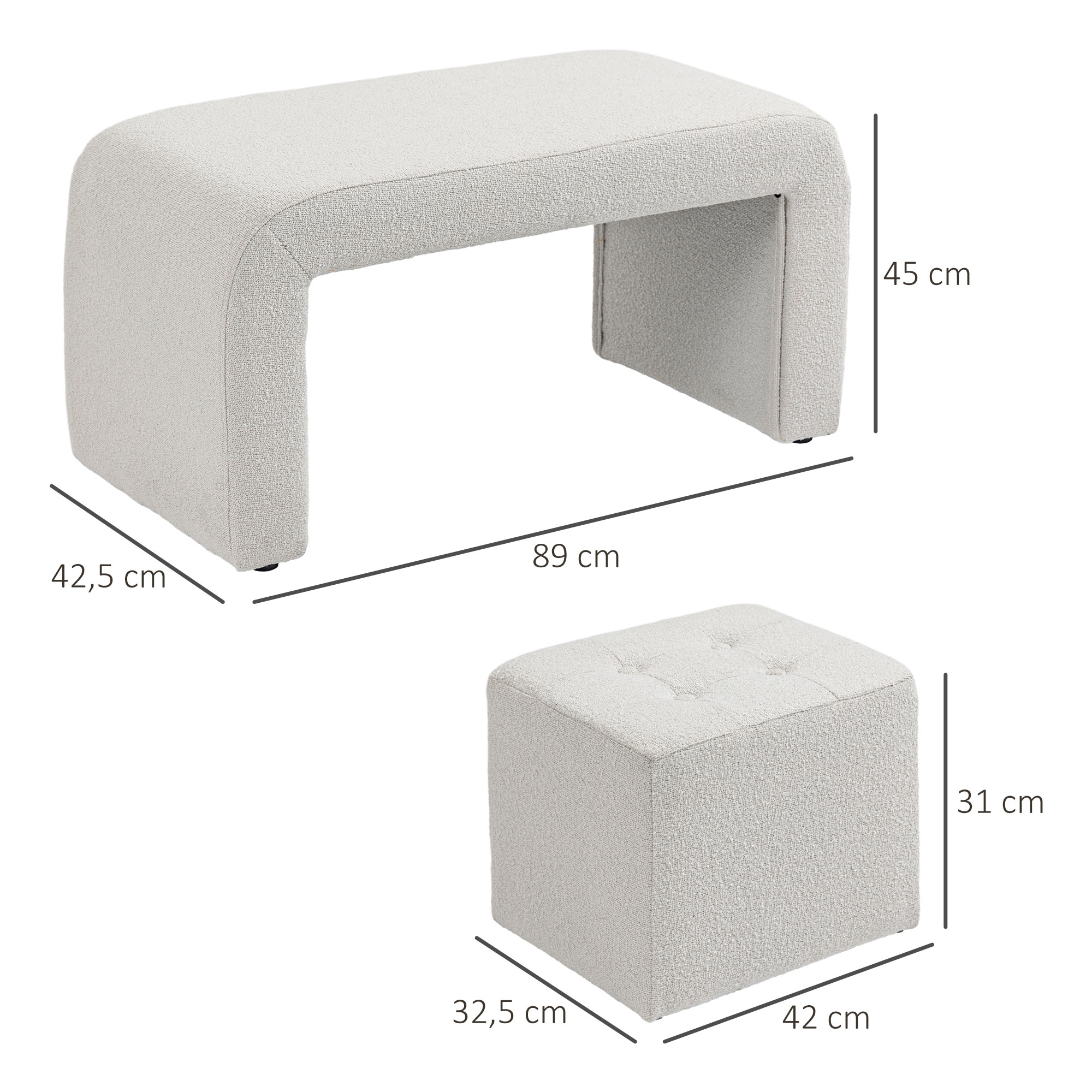 Fußhocker-Set Fußhocker 3-teilig, Knopfheftung, 89 cm x 42,5 cm x 45 cm, Creme
