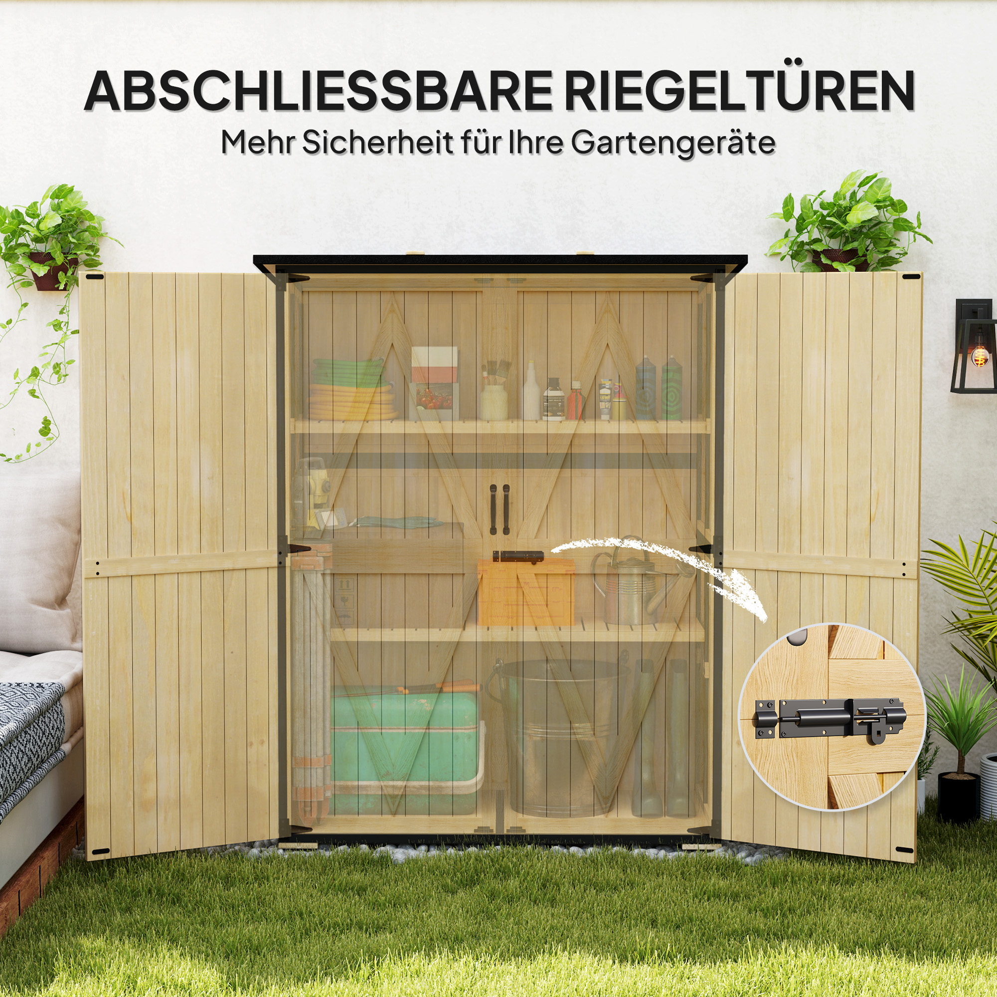 Gartenschrank aus Holz und Stahl, Outdoor-Werkzeugschrank mit Asphalt-Dach, 2 Regale, verschließbare Türen, Naturholz
