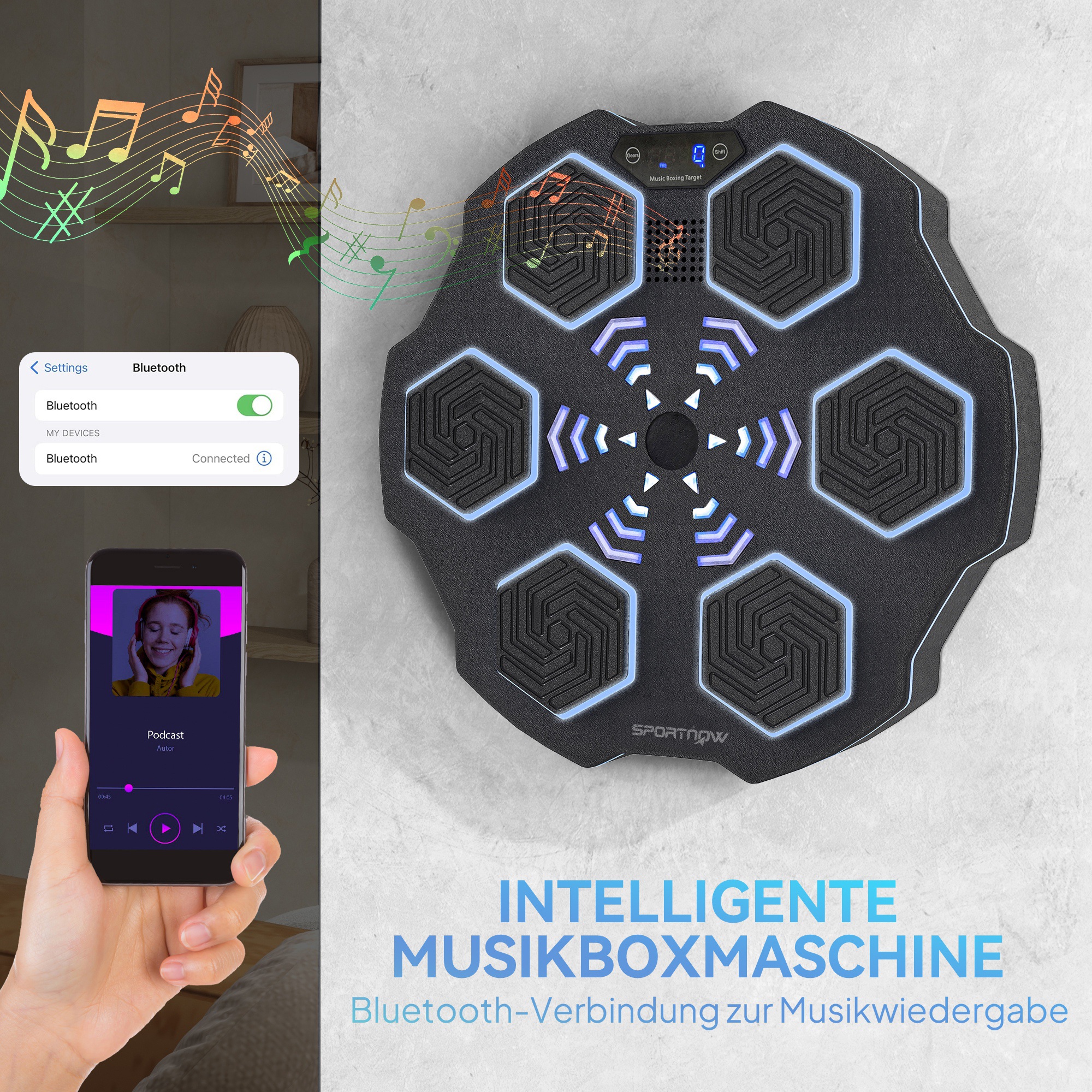 Musikboxmaschine, Bluetooth-Boxgerät, Wandmontage, 9 Geschwindigkeiten und Modi, LED-Lichter, Schwarz