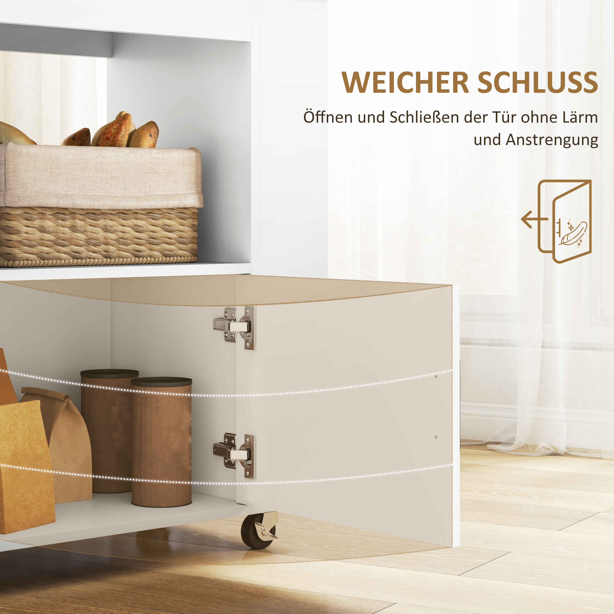 Küchenwagen, Rollbare Kücheninsel, Küchen-Trolley mit Fächern, Weinregalen, Schrank und Arbeitsfläche, Weiß