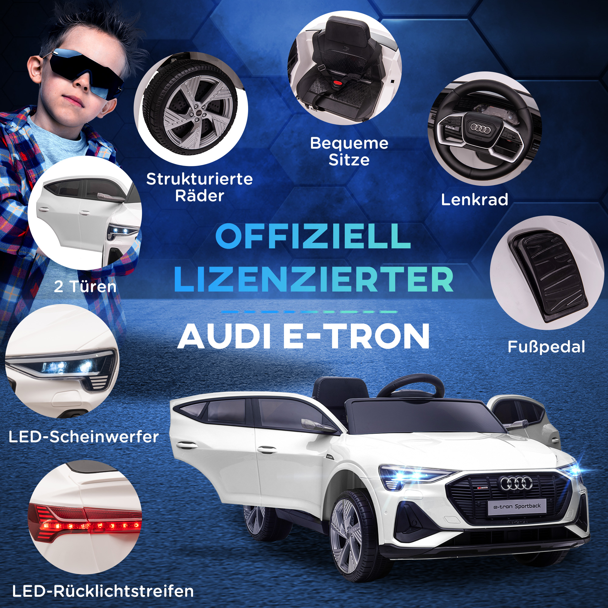 Elektro Kinderauto 12V Elektrofahrzeug Audi E-tron Elektroauto mit Fernbedienung, Sicherheitsgurt, Musik (MP3/USB/TF), Kinderfahrzeug für Kinder 3-5 Jahre, 3-5 km/h, Weiß