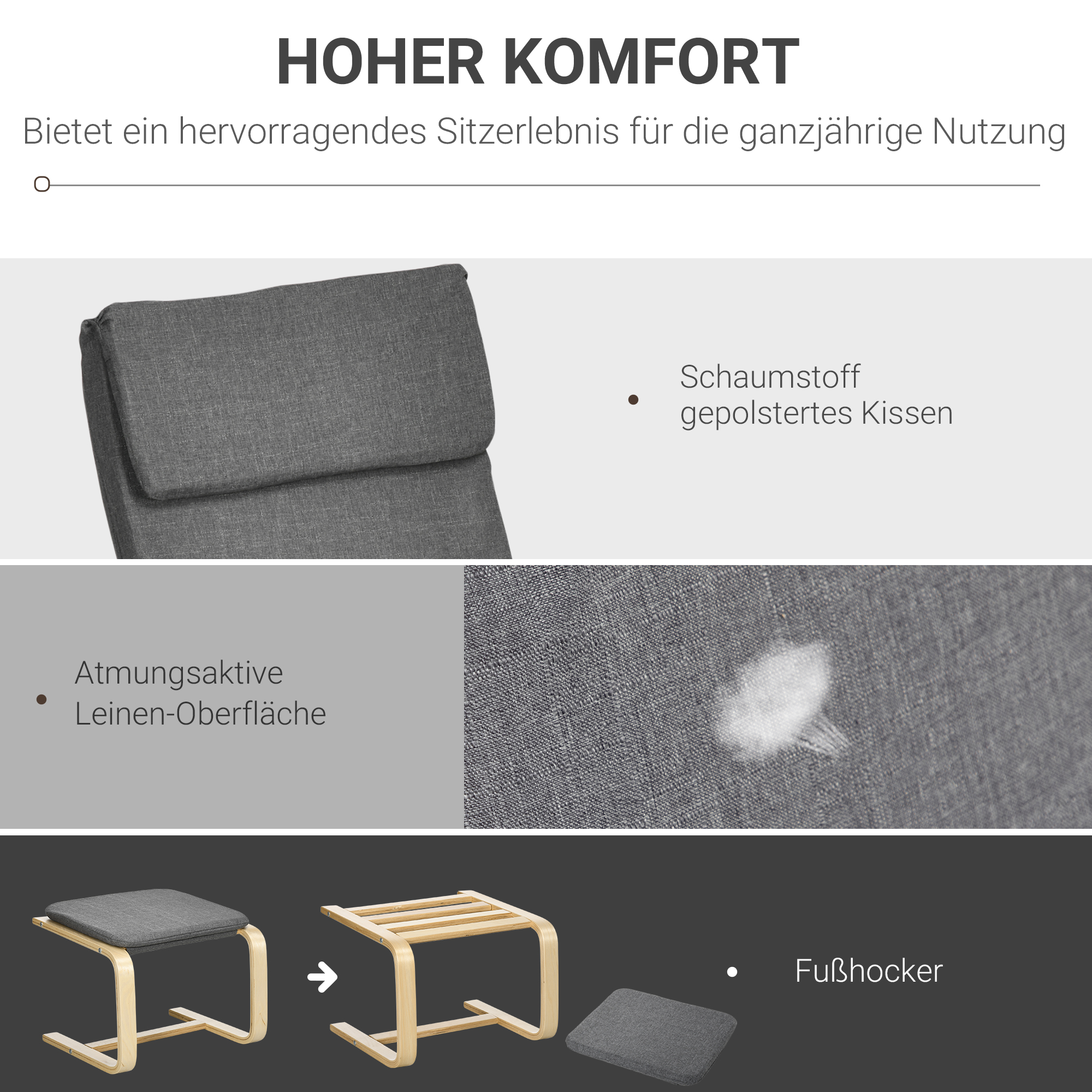 Sessel mit Fußhocker, Sessel-Set, bis 120 kg, Leinenoptik, Massivholz, Grau + Natur, 66,5 x 80 x 99 cm