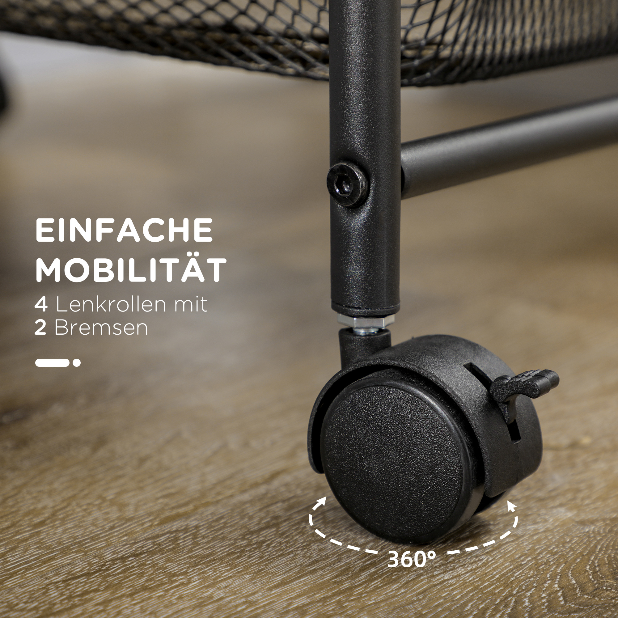 Rollwagen mit 4 Körben, Küchenwagen, 4 Räder mit 2 Bremsen, Allzweckwagen, Schwarz, 41,5 x 31 x 66 cm