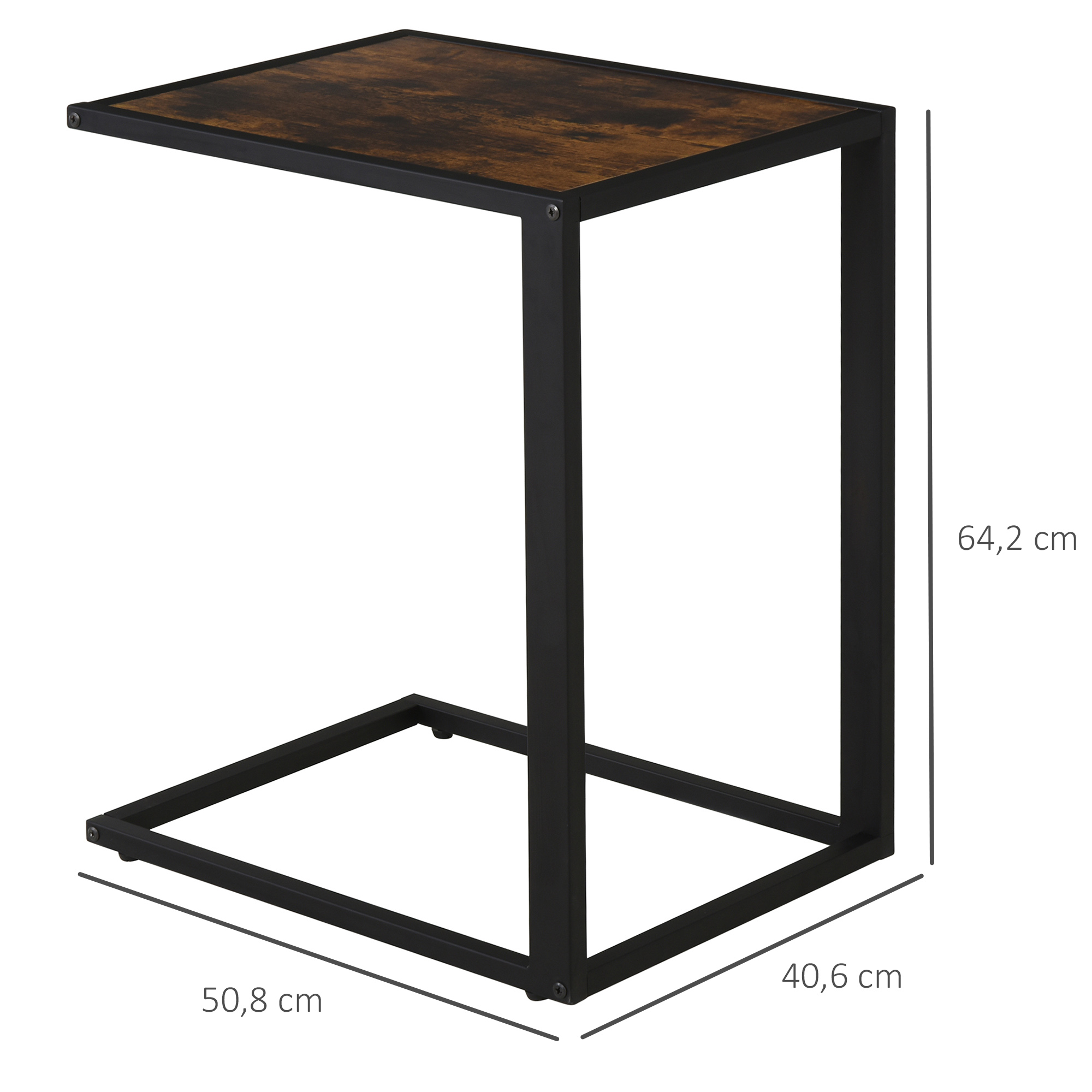 Beistelltisch in C-Form Kaffeetisch Couchtisch Laptoptisch für Schlafzimmer und Wohnzimmer kleiner Bereich mit Metallgestell Industrie-Stil Metall MDF Rustikal-Braun 40,6 x 50,8 X 64,2 cm