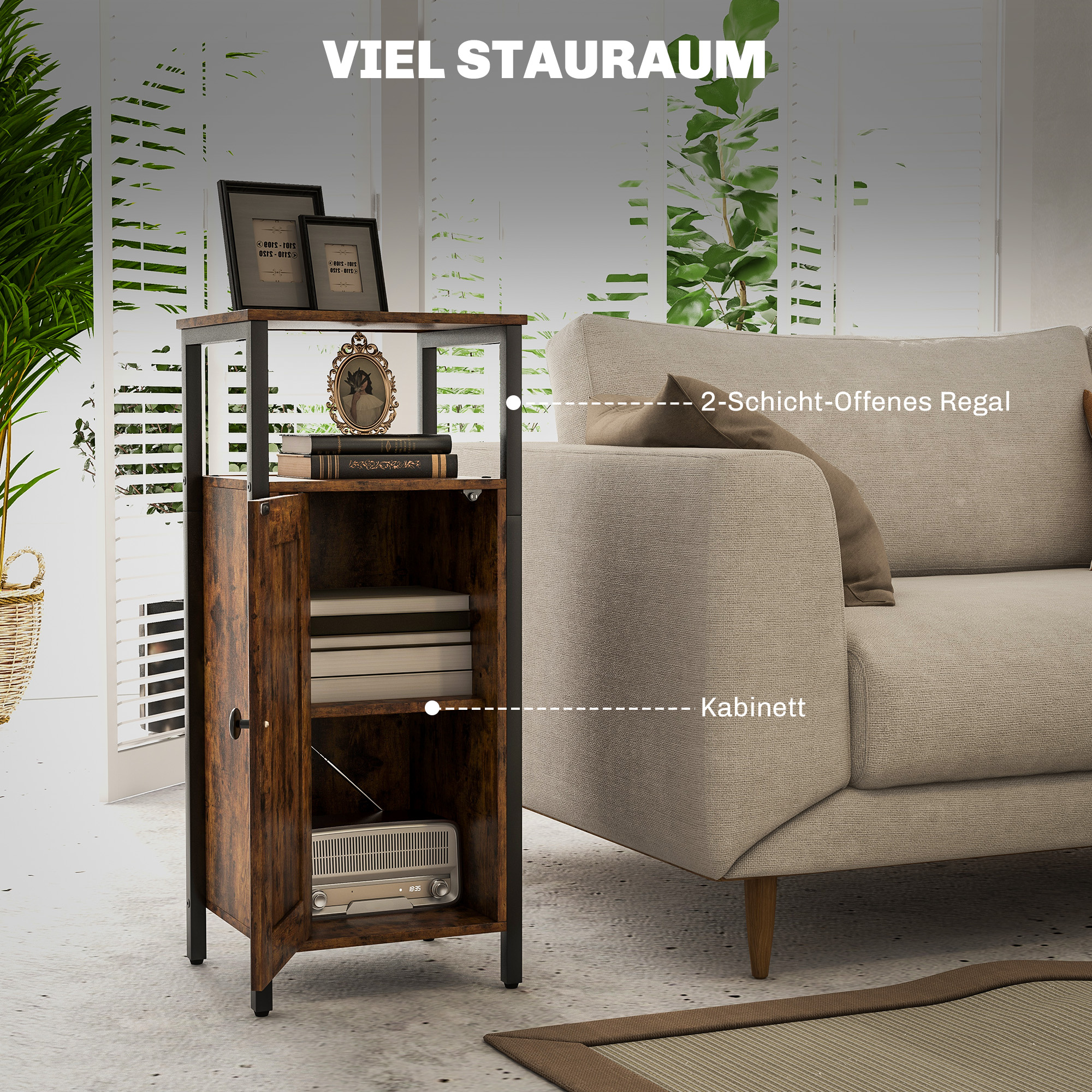 Beistelltisch mit Stauraum, 2 offene Regale, 3-stufig verstellbar, magnetische Tür, Braun