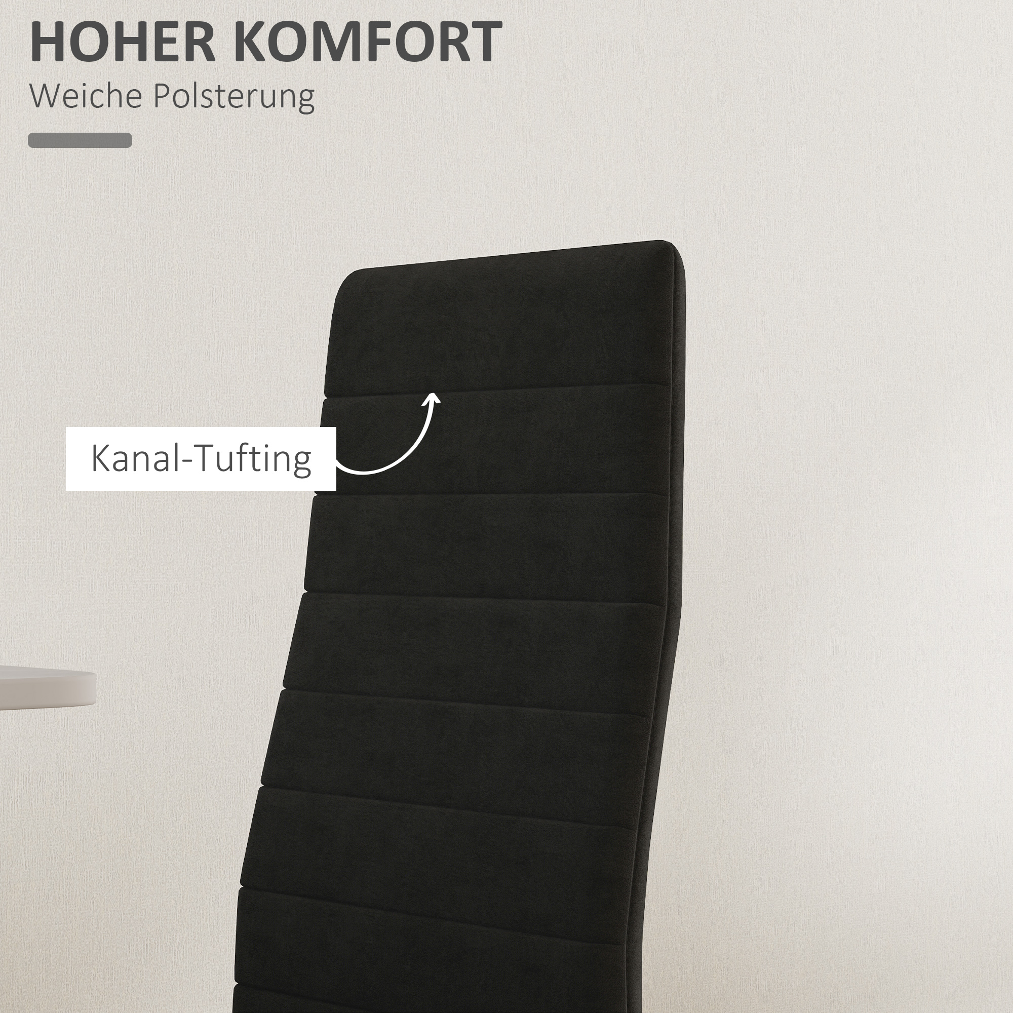 4er-Set Esszimmerstühle, armloses Design, Stoffpolsterung, Metallbeine, Schwarz