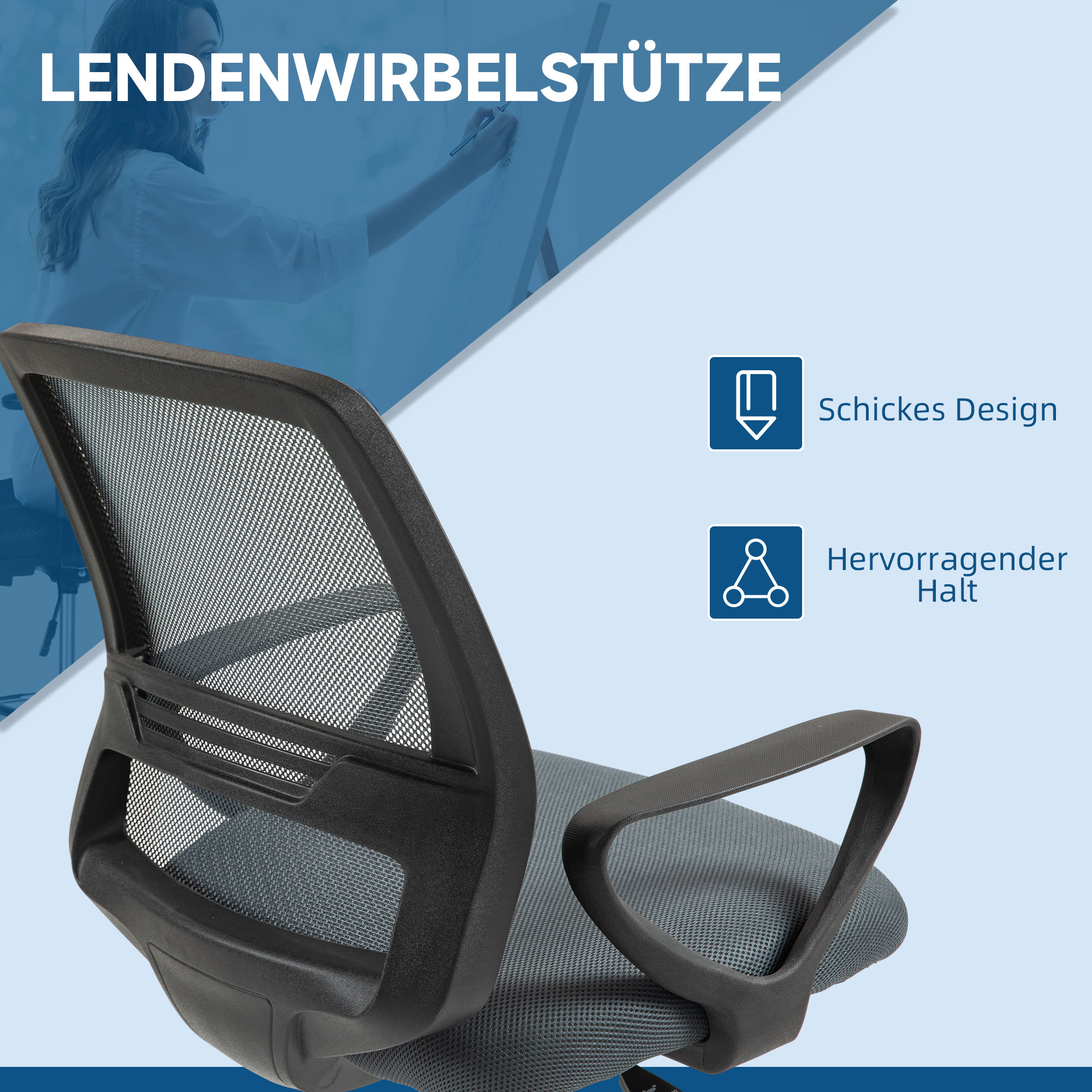 Bürostuhl Ergonomischer Schreibtischstuhl mit Armlehnen und Verstellbarer Fußring Netzbespannung Grau
