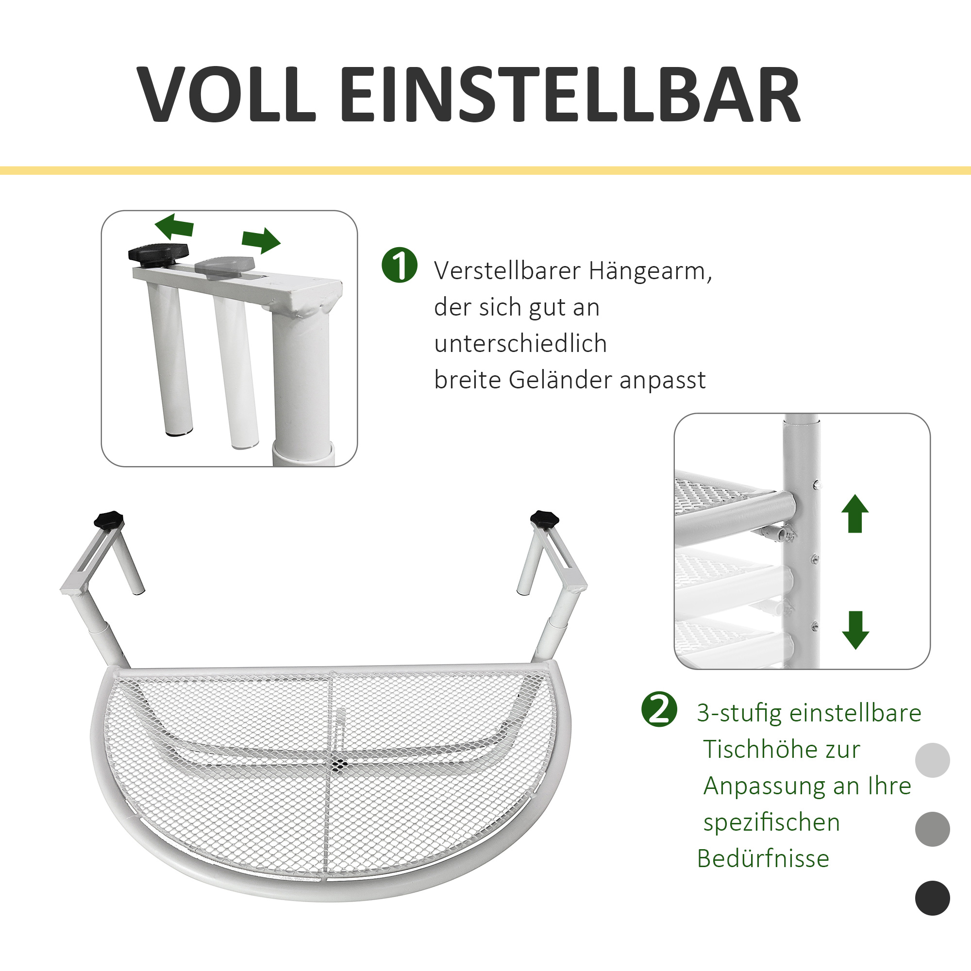 Balkonhängetisch Hängetisch Gartentisch höhenverstellbar halbrund Ø30 cm Terrasse Metall Weiß L60 x B45 x H50 cm