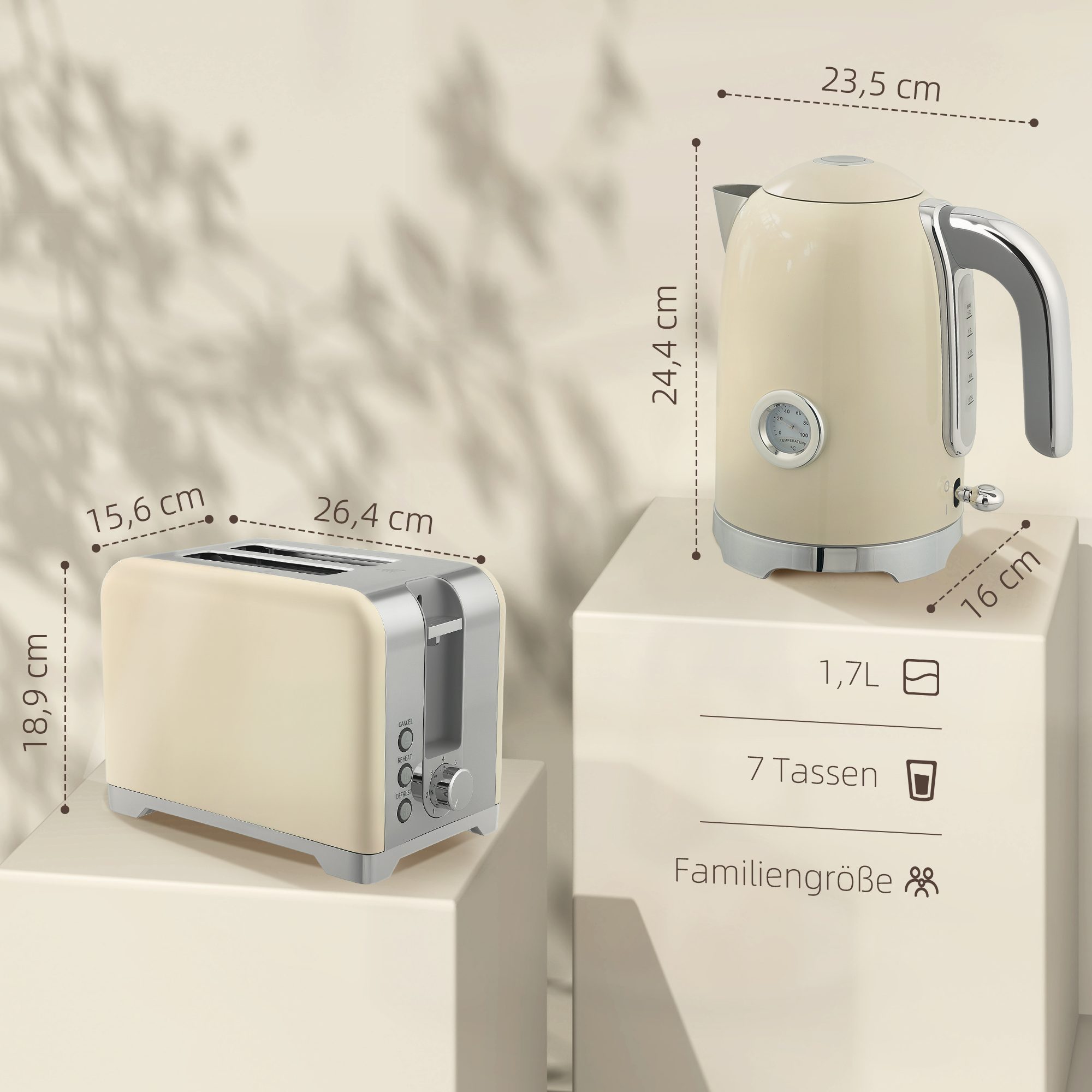 Wasserkocher- und Toaster-Set, 2200W, 7 Bräunungsstufen, versch. Funktionen, Creme