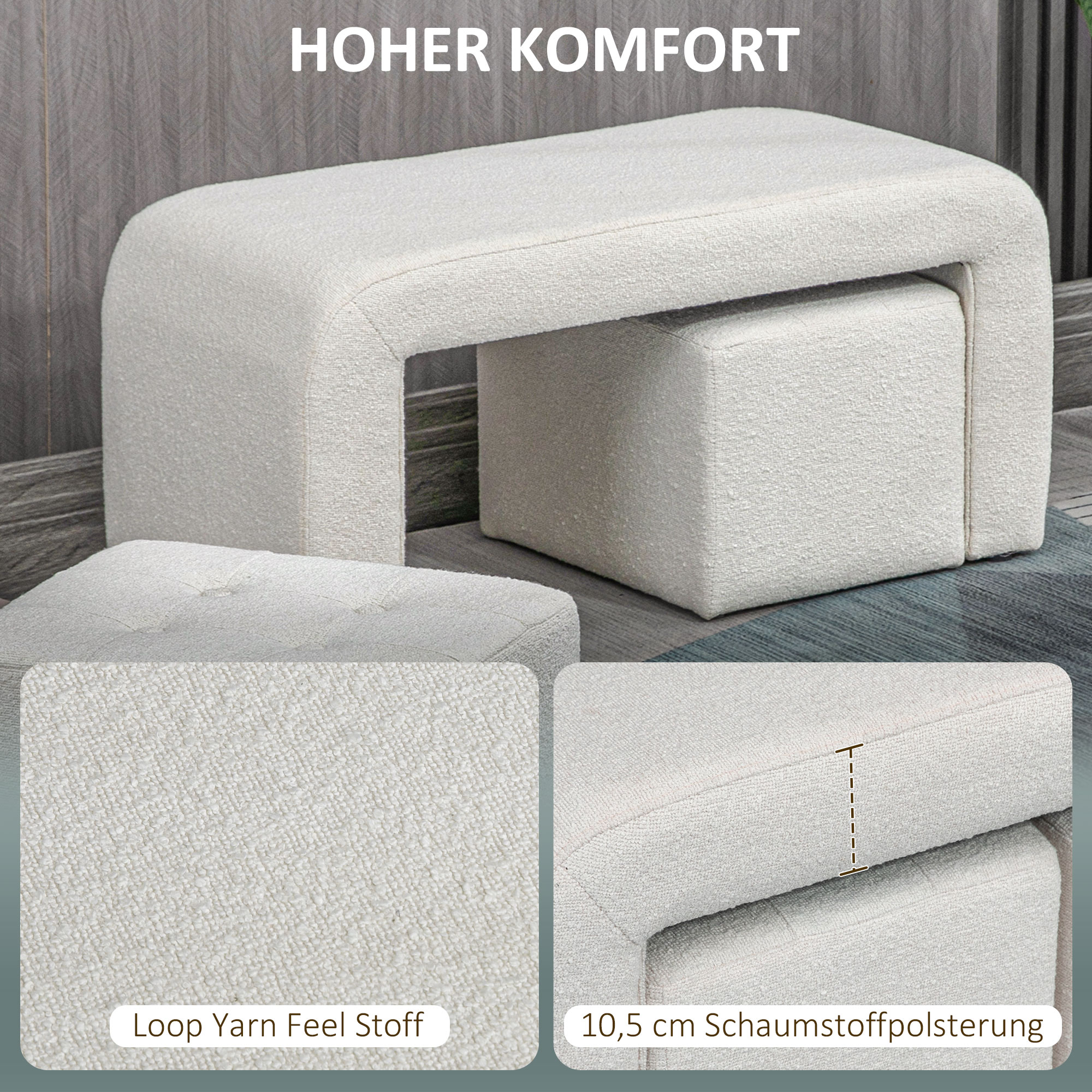 Fußhocker-Set Fußhocker 3-teilig, Knopfheftung, 89 cm x 42,5 cm x 45 cm, Creme