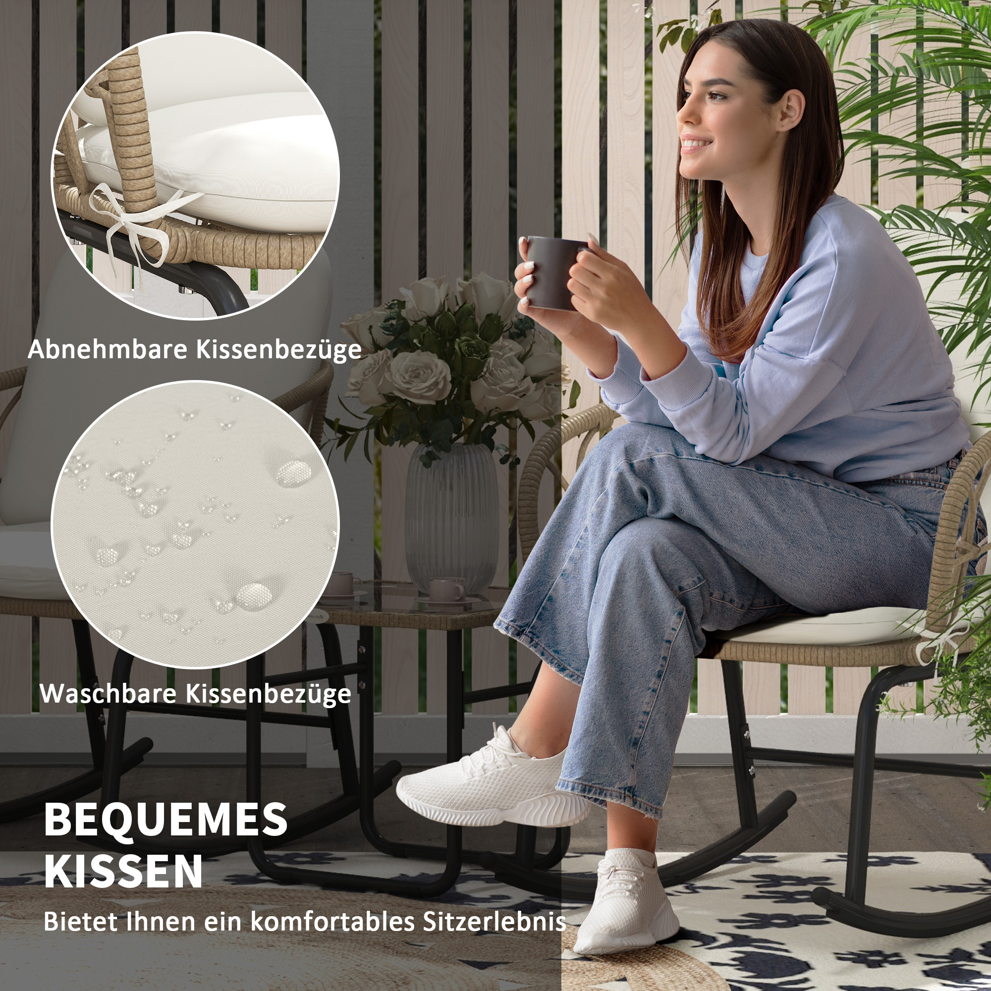 Schaukelstuhlset Schaukelstühle Bistro-Set, Bohostil, PE-Rattan, wetterbeständig, Creme