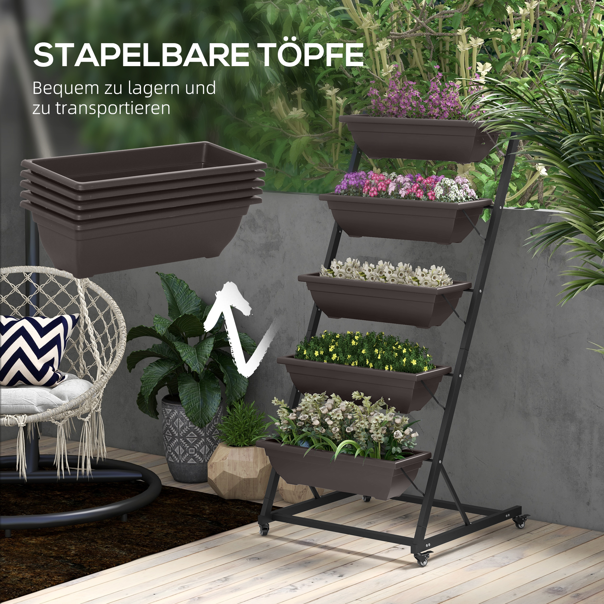5-Etagen Pflanzenständer, 145 cm hoch Blumenständer mit Rollen Töpfe, Pflanzenregal aus Stahl Braun