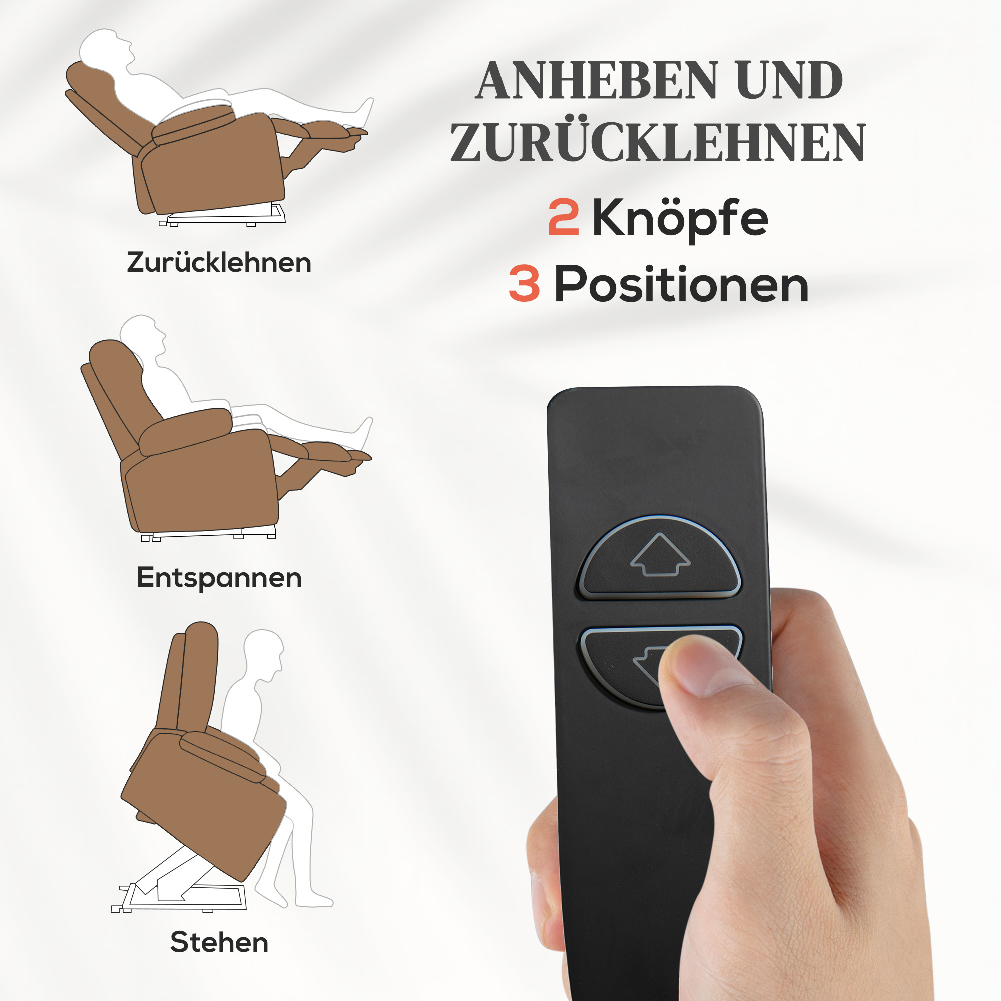 Relaxsessel mit Aufstehhilfe, elektrisch, 90x75x100cm, Braun