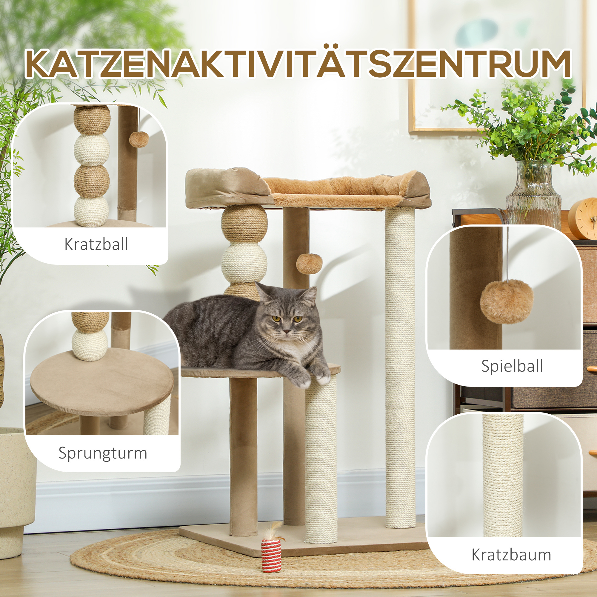 Kratzbaum mit 2 Etagen, Spielball, Kratzstämmen, Kratzkugeln, bis 7 kg, 56 x 54 x 86 cm, Braun