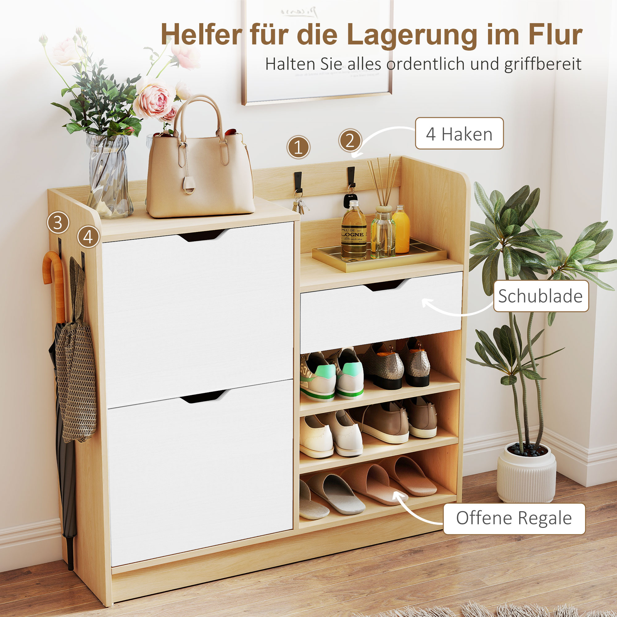 Schuhregal für Flur, Schuhschrank mit Kippschubladen, offenen Regalen, 4 Haken, für bis zu 14 Paar Schuhe, Natur