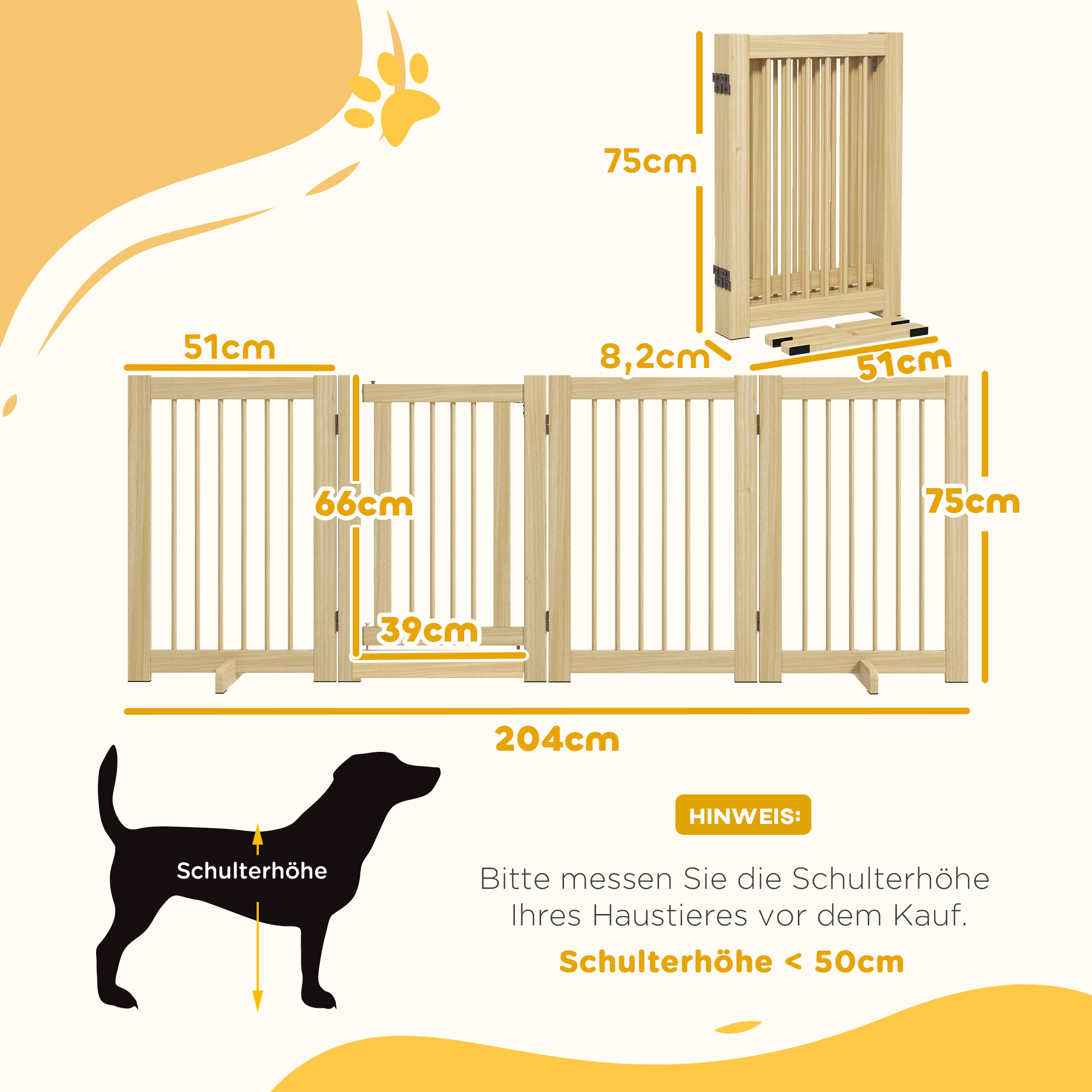 Freistehendes Hundegitter, 4 Paneele, flexibel, Kiefernholz, 204L x 36B x 75H cm, Naturholz